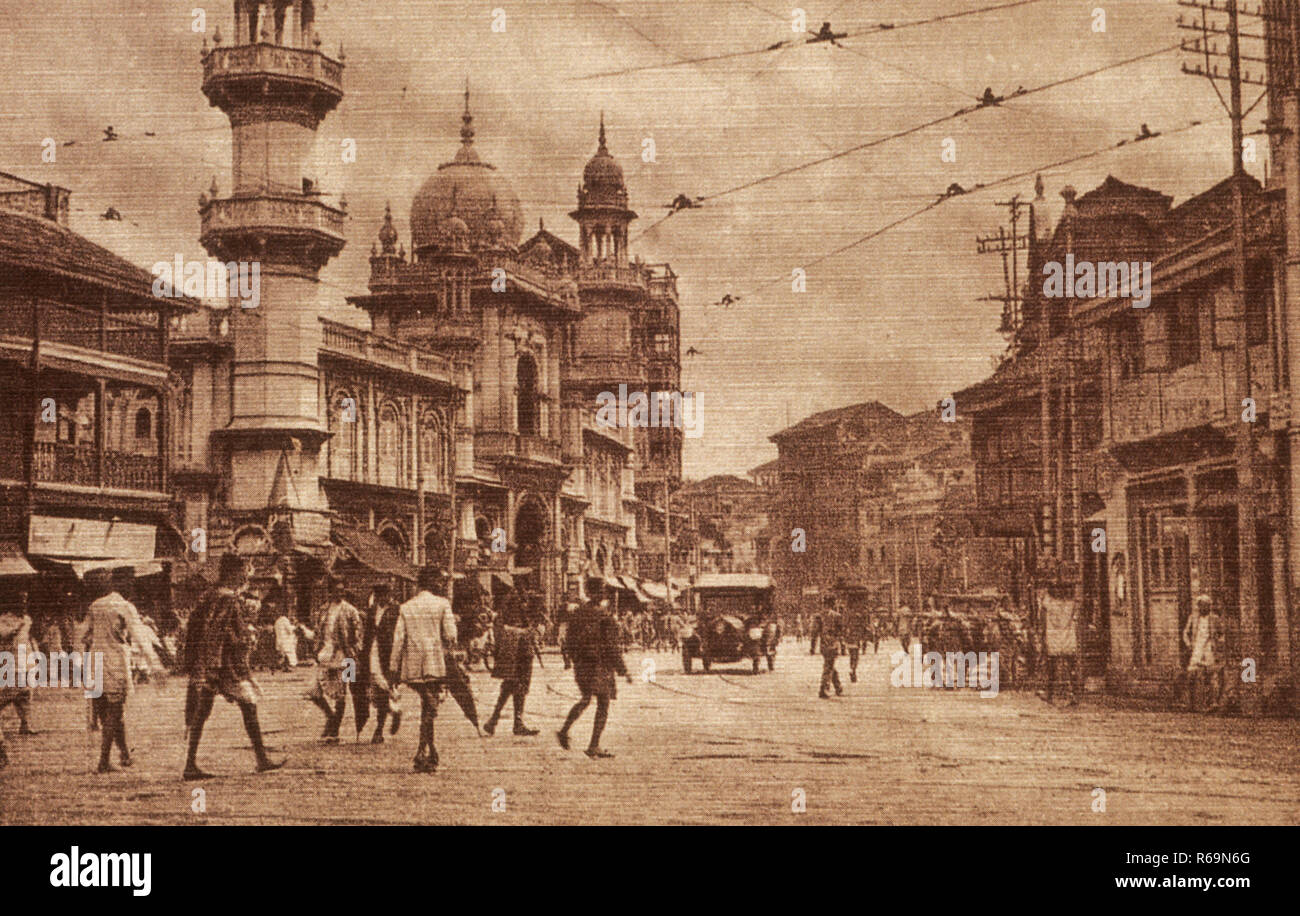 Old Vintage 1900s Pydhonie, Hamidiya-Moschee, Mohammed Ali Road, Bombay, Mumbai, Maharashtra, Indien, Asien Stockfoto