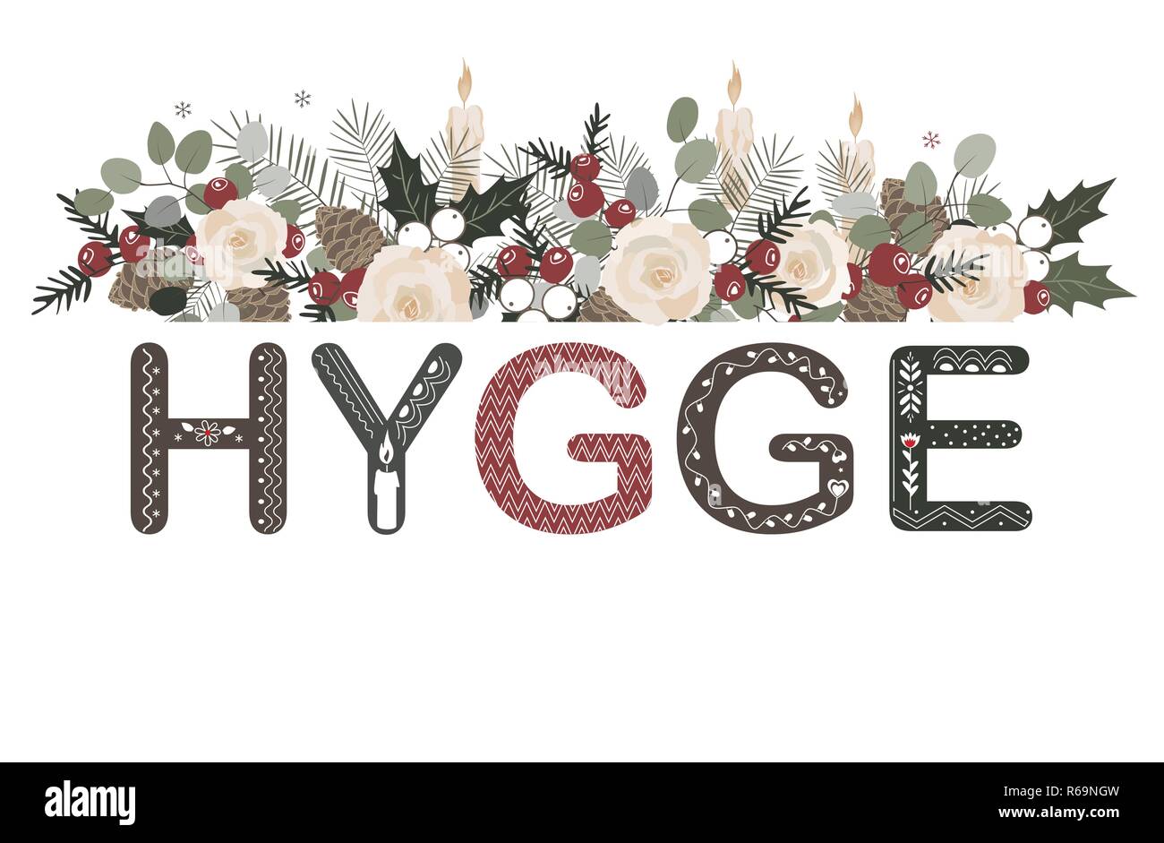 Hygge Schriftzug mit floralen Weihnachten Zusammensetzung in der gemütlichen doodle Stil. Stock Vektor