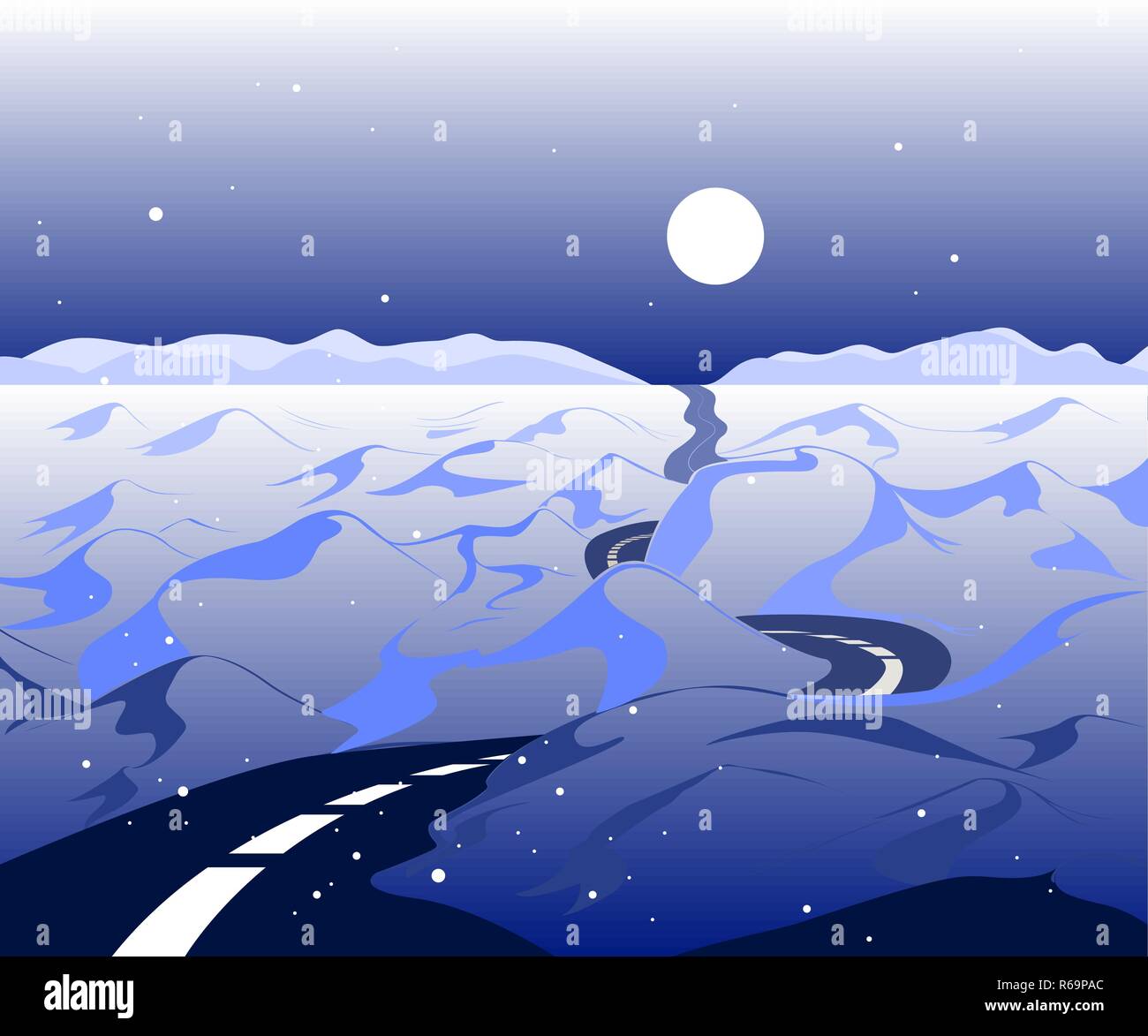 Winter Hintergrund mit Straße und verschneite Tal. Die arktische Landschaft mit Bergen im Horizont mit dem schönen blauen Himmel Stock Vektor