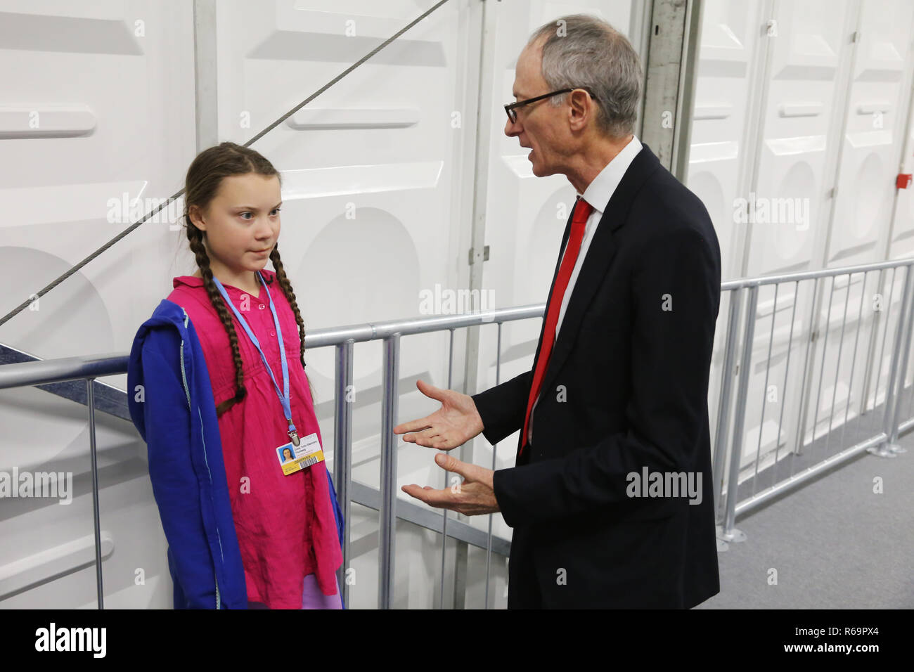Vorbereitung der Pressekonferenz mit Greta Thunberg, 15 Jahre alten schwedischen Aktivist, der in Kattowitz, 3. Dezember während der Vereinten Nationen nahm Stockfoto
