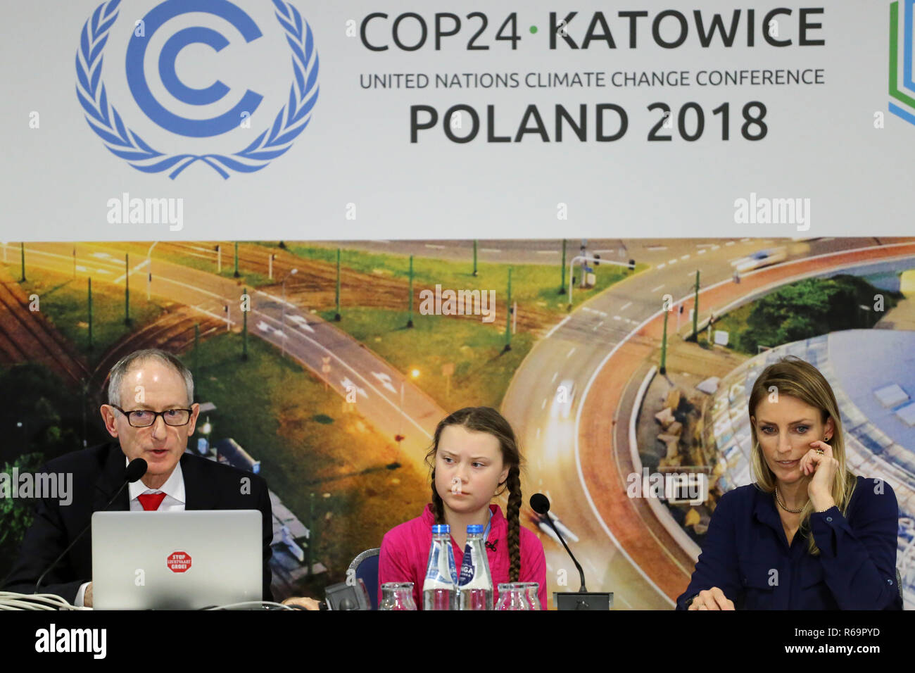 Pressekonferenz mit Greta Thunberg, 15 Jahre alten schwedischen Aktivistin, fand in Kattowitz, 3. Dezember während der Klimarahmenkonvention der Vereinten Nationen Konferen Stockfoto