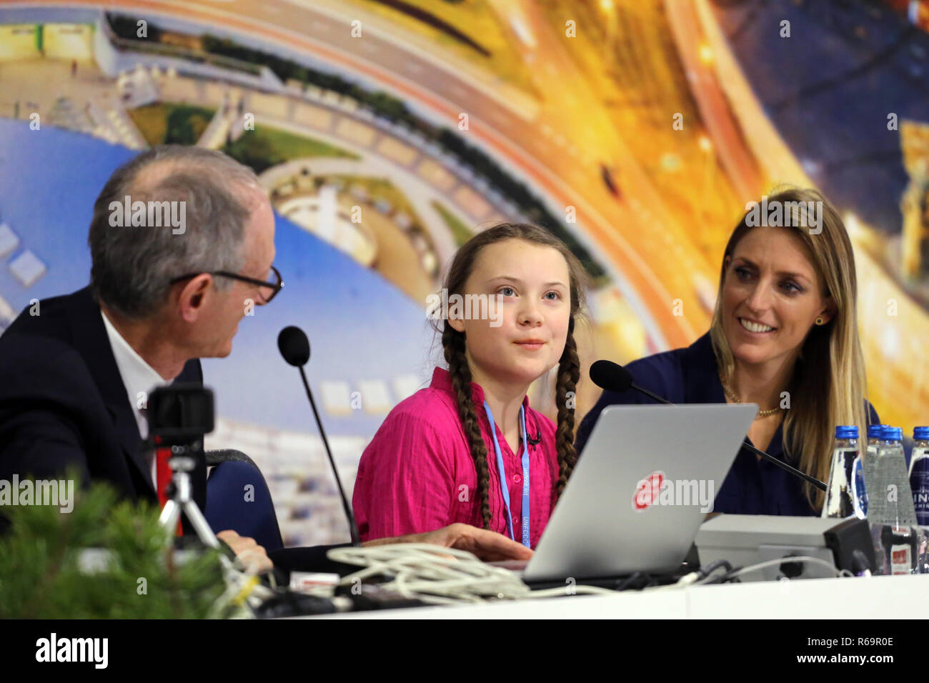 Pressekonferenz mit Greta Thunberg, 15 Jahre alten schwedischen Aktivistin, fand in Kattowitz, 3. Dezember während der Klimarahmenkonvention der Vereinten Nationen Konferen Stockfoto