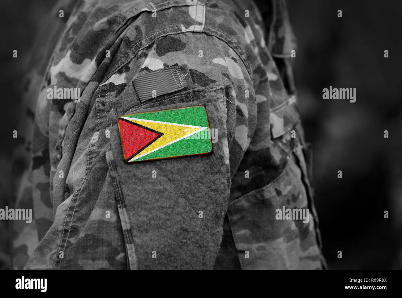 Flagge Guyana auf Soldaten arm. Kooperative Republik Guyana Flagge. Armee, Soldaten, Militär, Afrika (Collage). Stockfoto