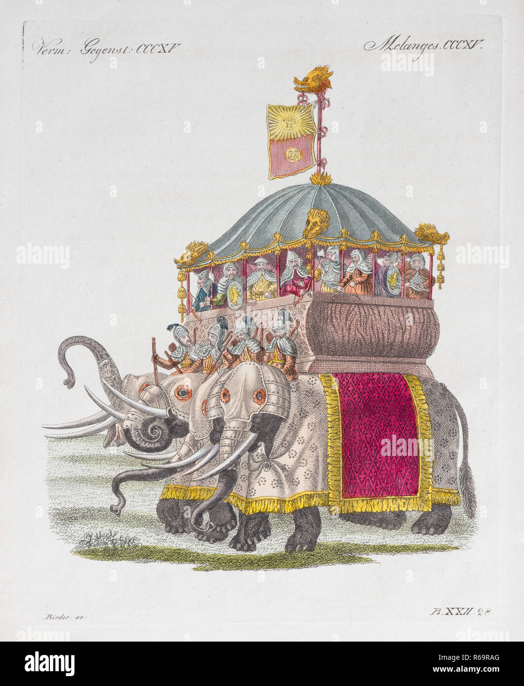 Elefant Schloss des Grosskhans Kublai, handcolorierte Kupferstich von Friedrich Justin Bertuch Bilderbuch für Kinder Stockfoto