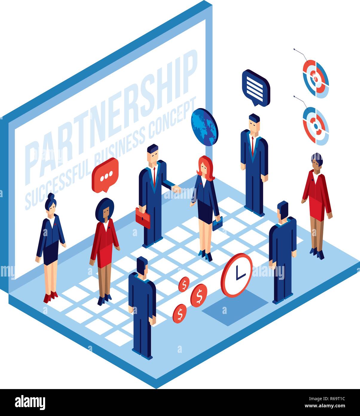 Geschäftsleute und Laptop Technologie Social Network Partnerschaft Kommunikation Konzept Vector Illustration Stock Vektor