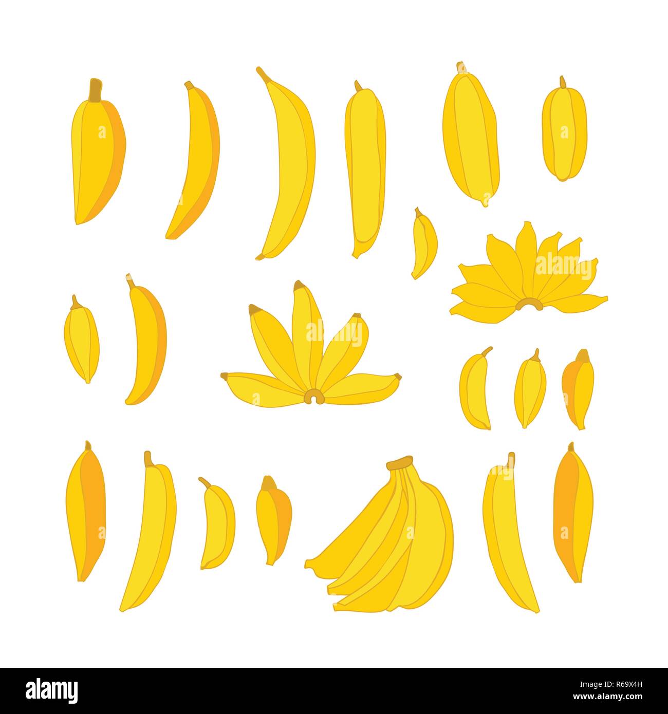 Köstliche Hand gezeichnet Essen gelbe Bananen auf weißem Hintergrund Bündel Früchte von winzig klein bis groß vektor design Elements Collection isolierte Gruppe Stock Vektor