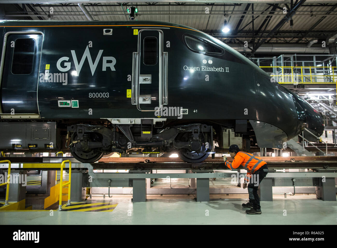 Hitachi Nordpol Instandhaltung von Zügen für die Klasse 800 Super Express Züge, das Depot, die zuvor für den Eurostar Flotte der Züge bis 2007 verwendet wurde. Stockfoto