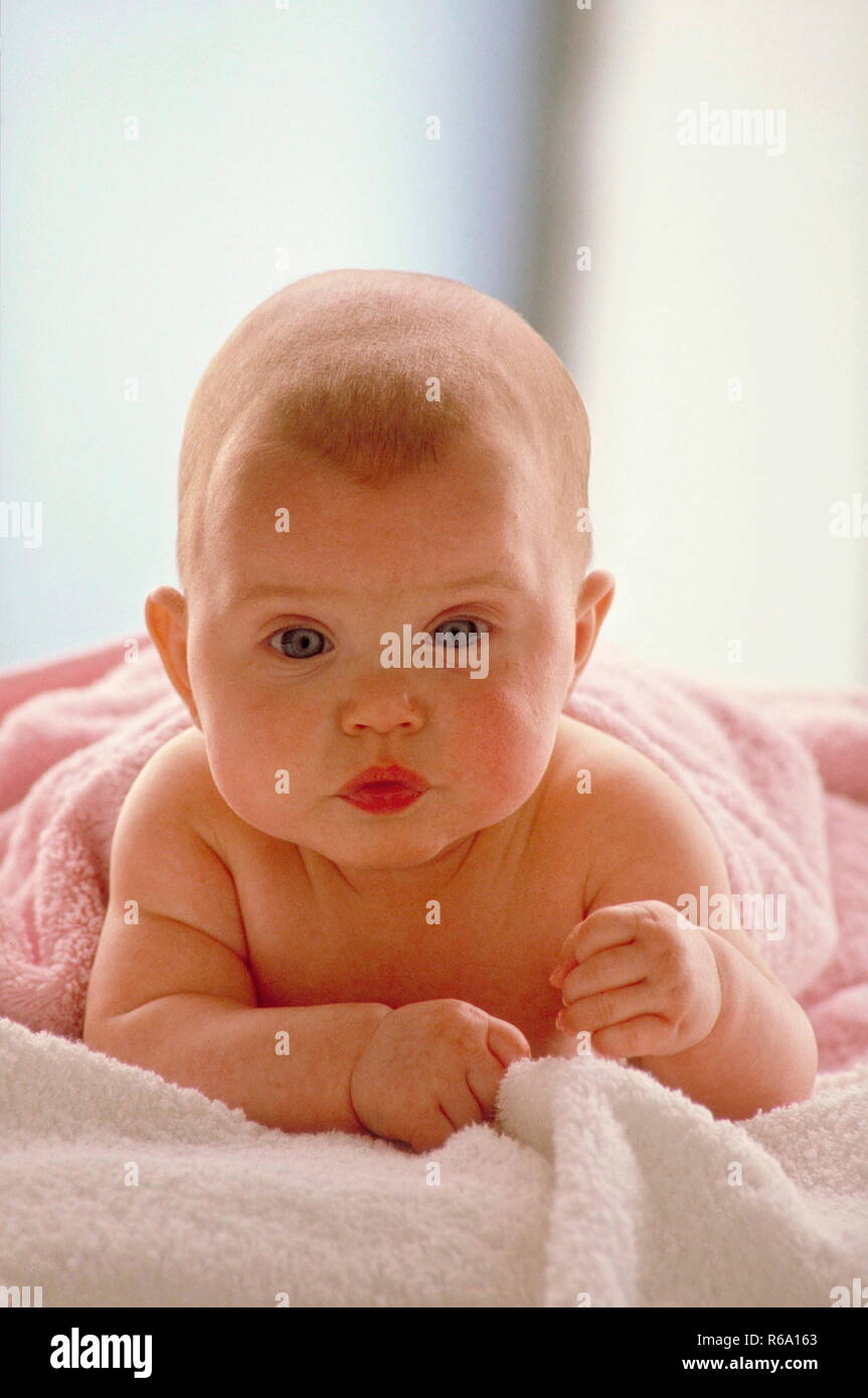 Portrait, Baby mit Roetlichem Haarflaum, 6 Monate, Balatonfüred in Bauchlage in weissen und rosa Frotteelaken Stockfoto