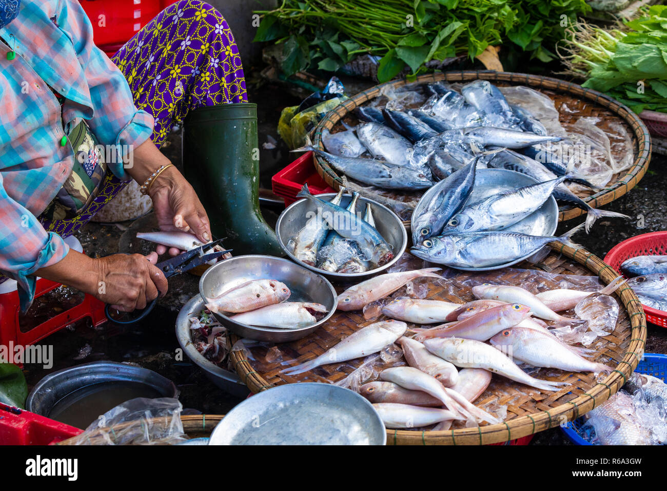 Straßenhändler in Hue, Vietnam traditionellen Fischmarkt Leute verkaufen frischen Fisch auf dem Bürgersteig. Stockfoto