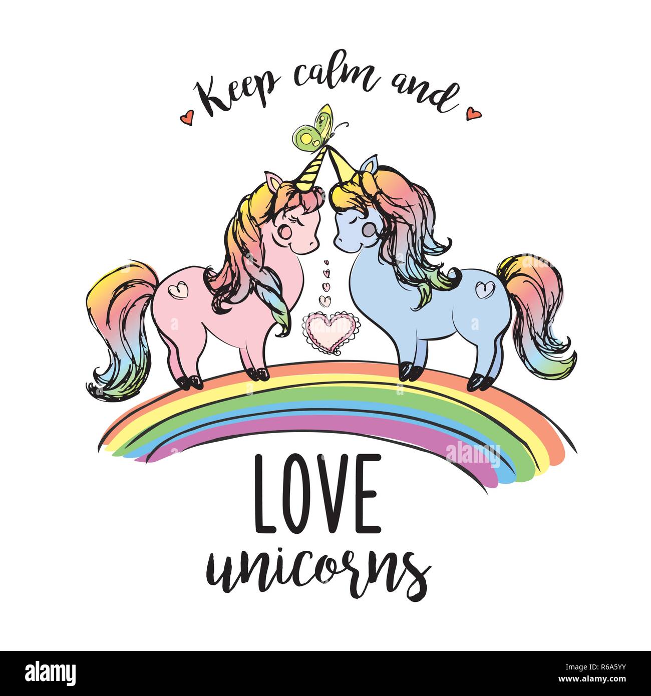 Paar Einhörner auf Rainbow mit Beschriftung, hand Vector Illustration gezeichnet Stock Vektor