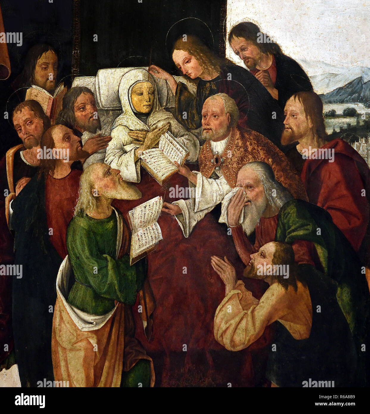 Tod der Madonna von Michele Messer 1480-1543 aus dem 16. Jahrhundert, Italien, Italienisch. (17. Jahrhundert das Gemälde wurde in Ferrara in der Sakristei der Kirche San Paolo. ) Stockfoto