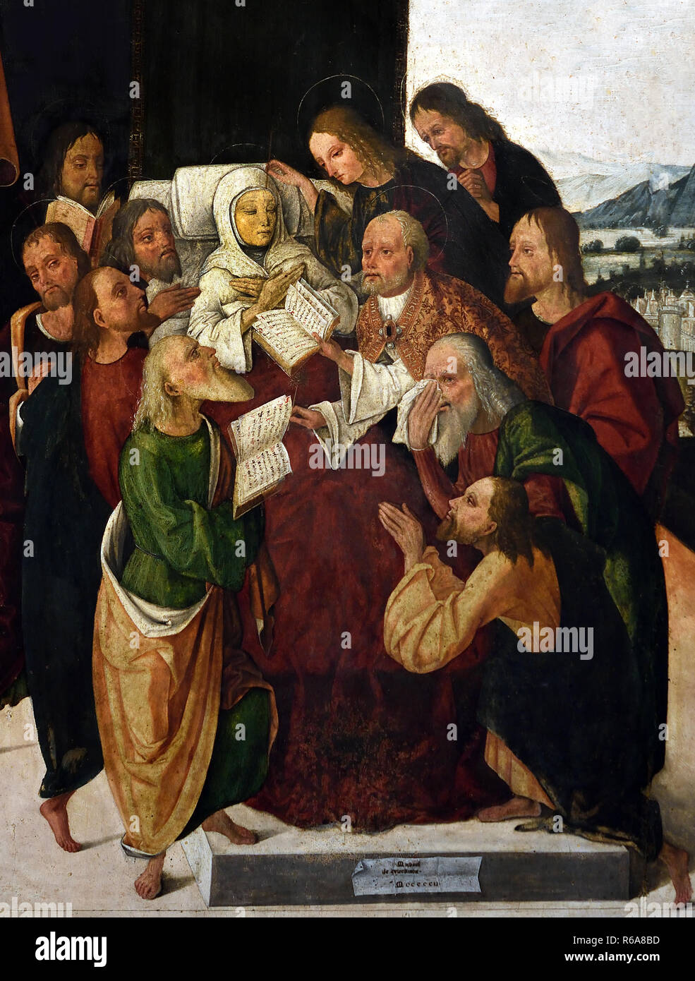 Tod der Madonna von Michele Messer 1480-1543 aus dem 16. Jahrhundert, Italien, Italienisch. (17. Jahrhundert das Gemälde wurde in Ferrara in der Sakristei der Kirche San Paolo. ) Stockfoto