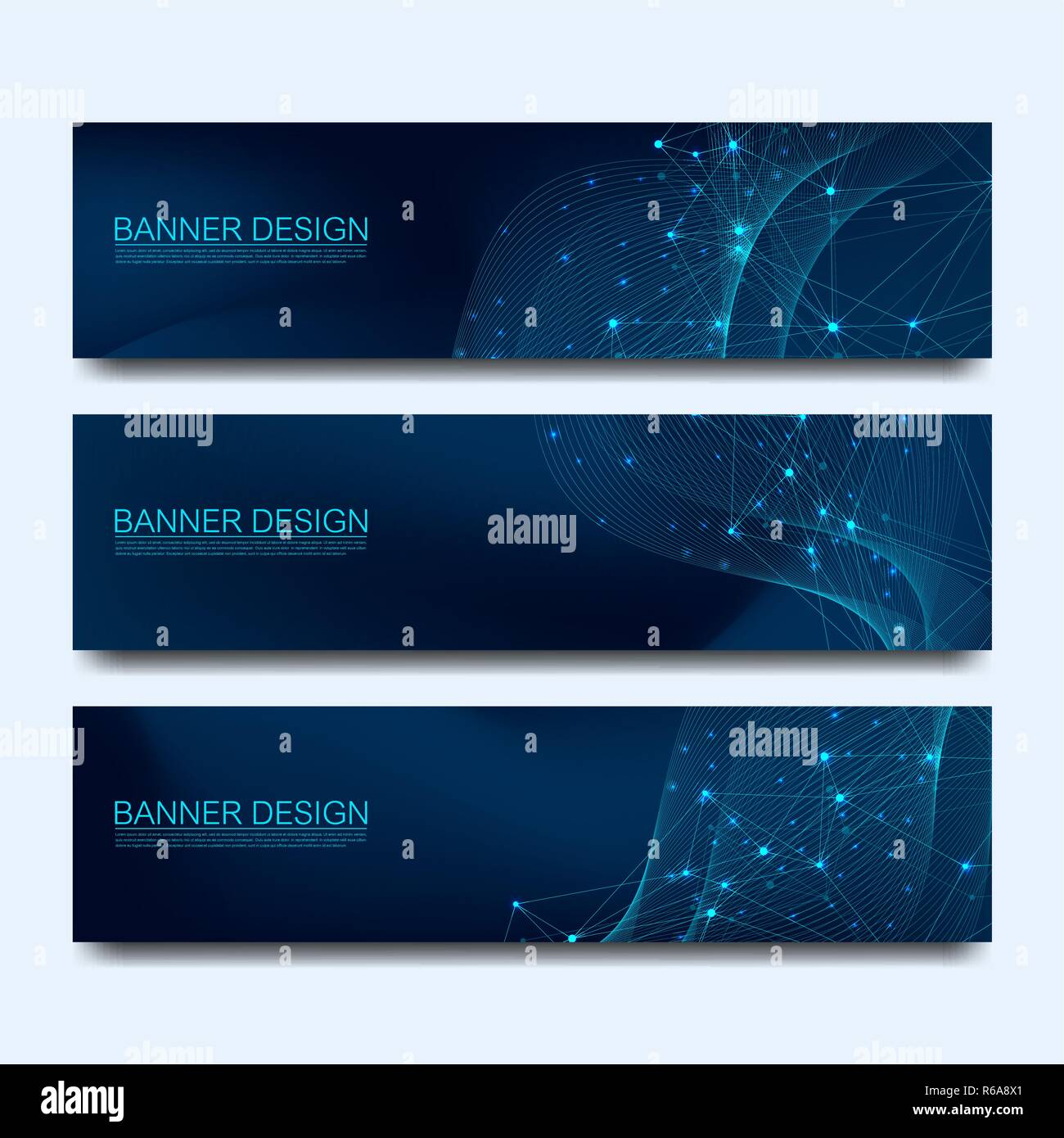 Abstrakte Moleküle Banner mit Linien, Punkte, Kreise, Polygone. Vektor Design Netzwerk kommunikation Hintergrund. Futuristische digitale Wissenschaft Technologie Konzept für Web Banner Vorlage oder Broschüre. Stock Vektor