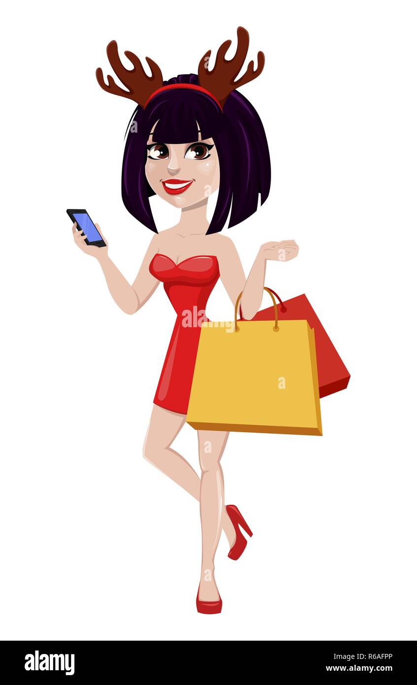 Weihnachten Grußkarte. Schöne Frau tragen lustige Maske mit Rentier Hörner. Lächelnd Zeichentrickfigur holding Einkaufstaschen und Smartphone. Vecto Stock Vektor
