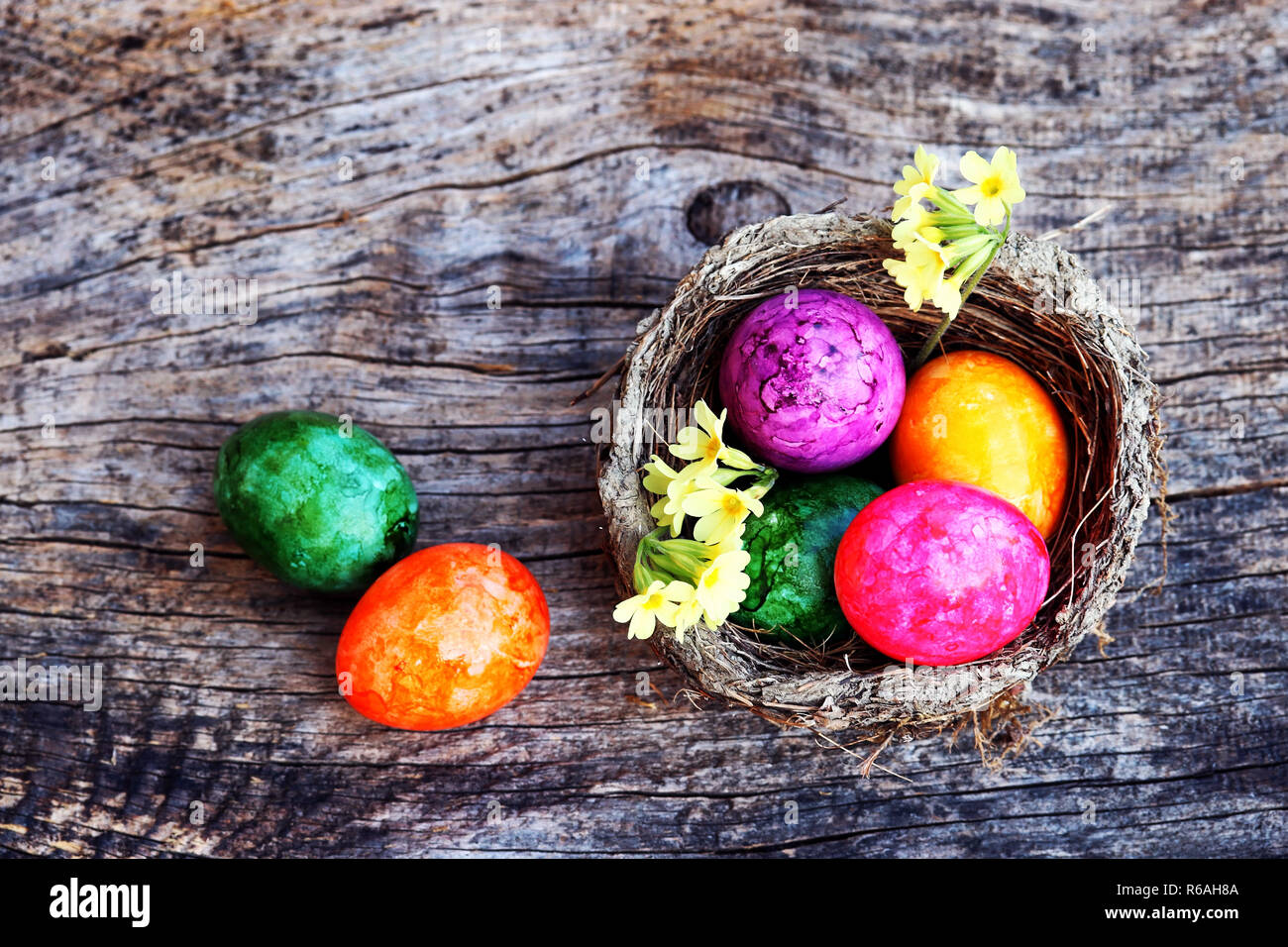 Frohe Ostern! Ein osternest mit bunten Ostereier und Cowslips Stockfoto
