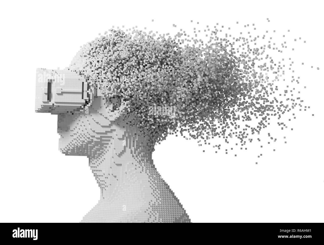 Digitale Mann mit Virtual Reality Brillen zerfällt Auf 3D-Pixel isoliert auf weißem Hintergrund. 3D-Darstellung. Stockfoto
