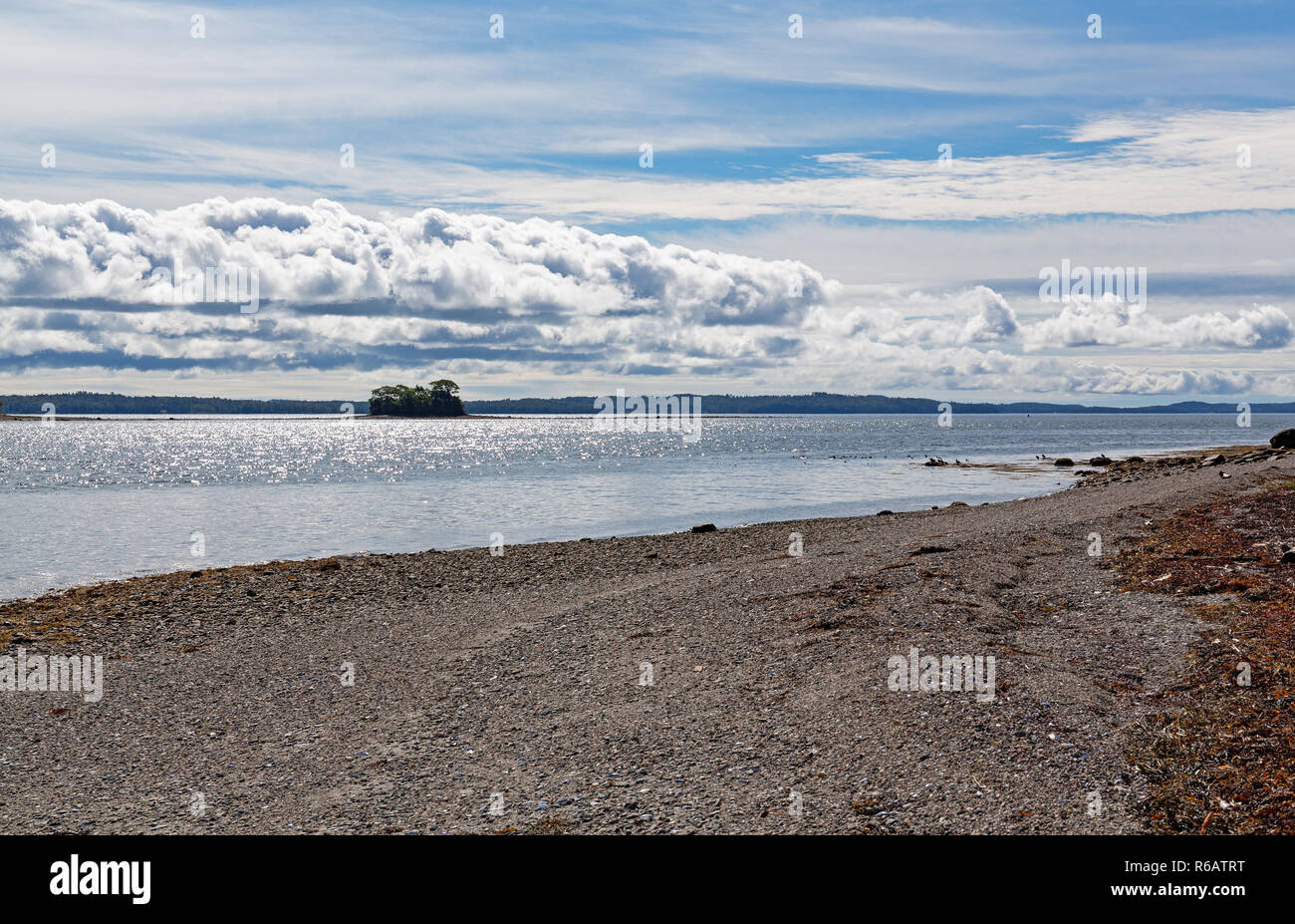 Weitläufige Kiesstrand von Sears Insel in Maine an der Ebbe im Sommer. Stockfoto