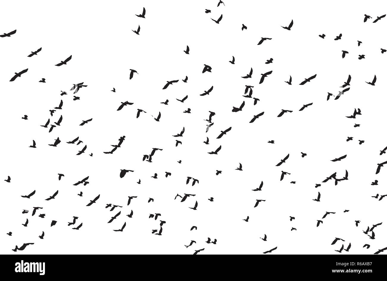 Vector Illustration Muster vieler schwarzer Vogel Silhouetten fliegen im Himmel Flügel ausbreiten, isolierte o weißer Hintergrund Stock Vektor