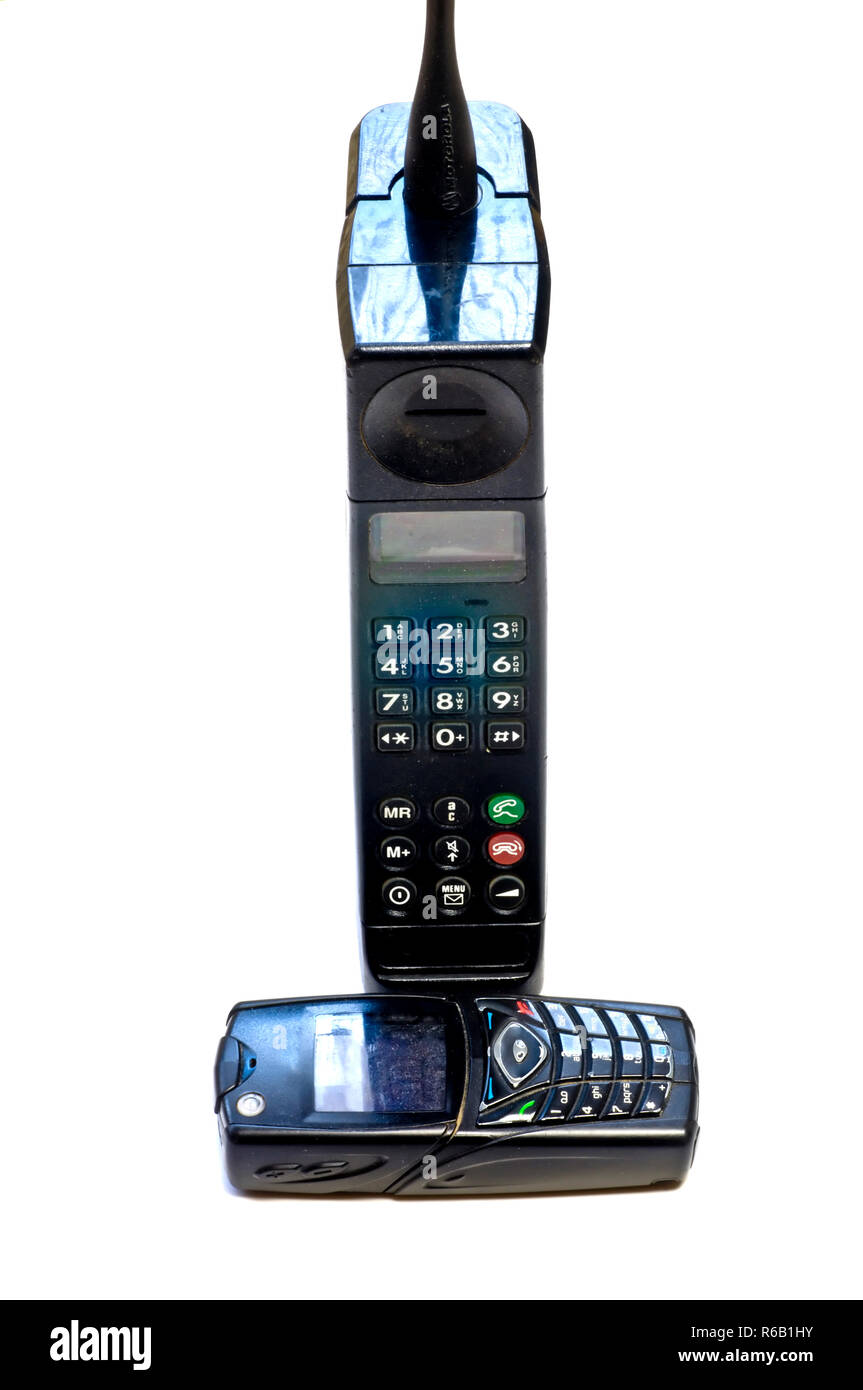 Mobilphone, Alt, Neu, groß, klein, Modern, antik, Entwicklung, Größe, Technologie, Telefon, Handy, Kommunikation, Indstustry, Zwei, Vergleichen, Heavy, Light Stockfoto