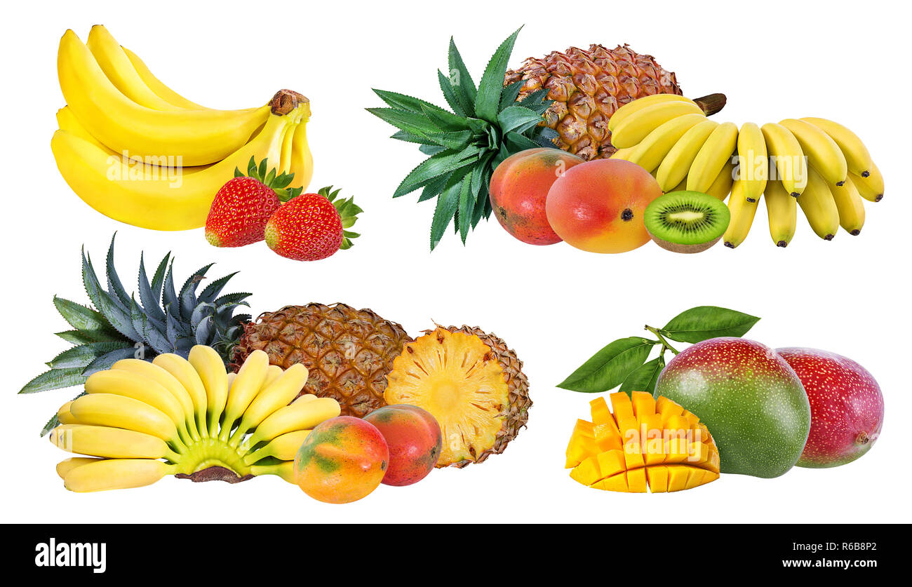 Ananas, Banane, Kiwi, Erdbeeren und Mango auf weißem Hintergrund mit Freistellungspfad isoliert Stockfoto