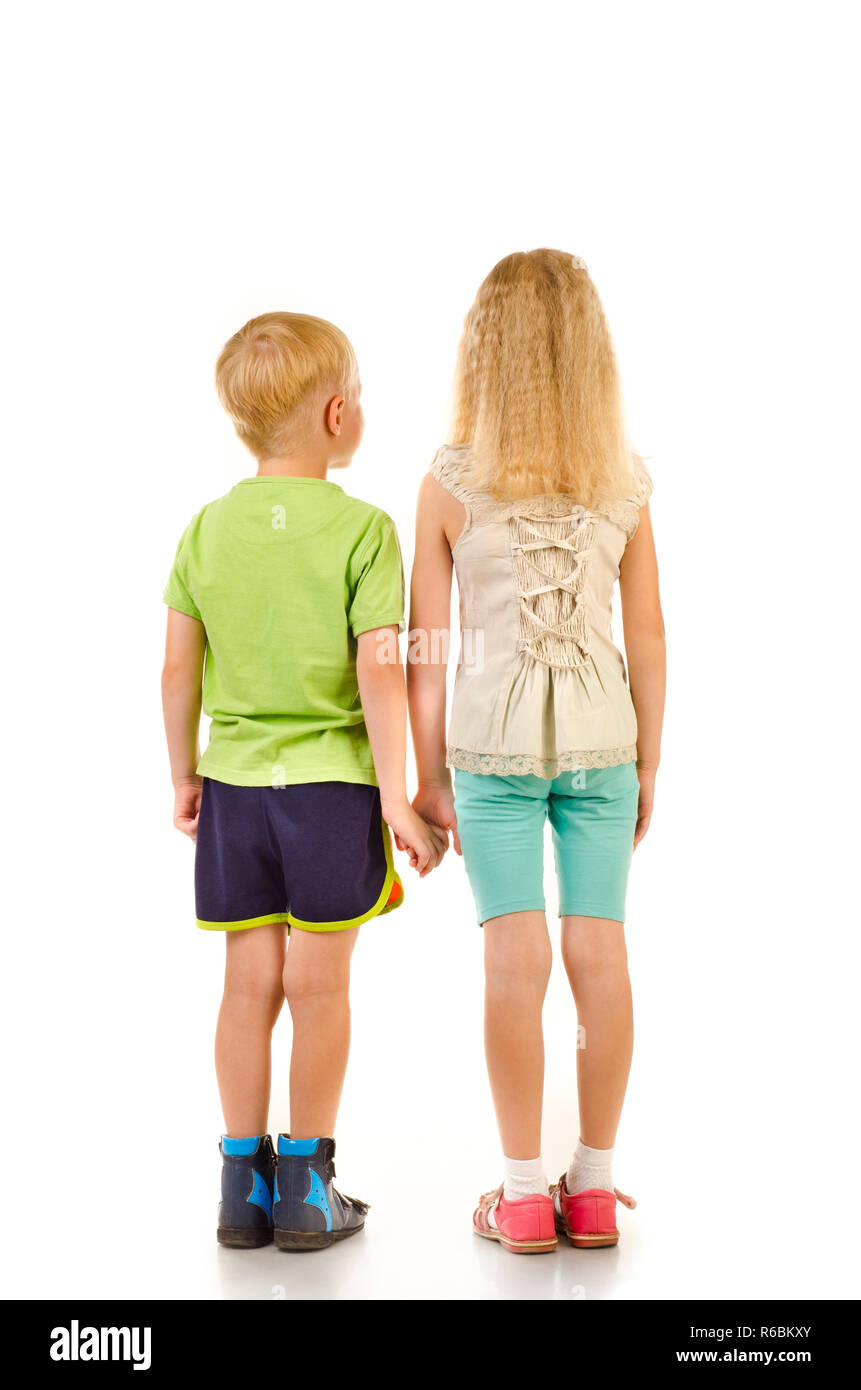 Junge und Mädchen isoliert auf weißem Hintergrund Stockfoto