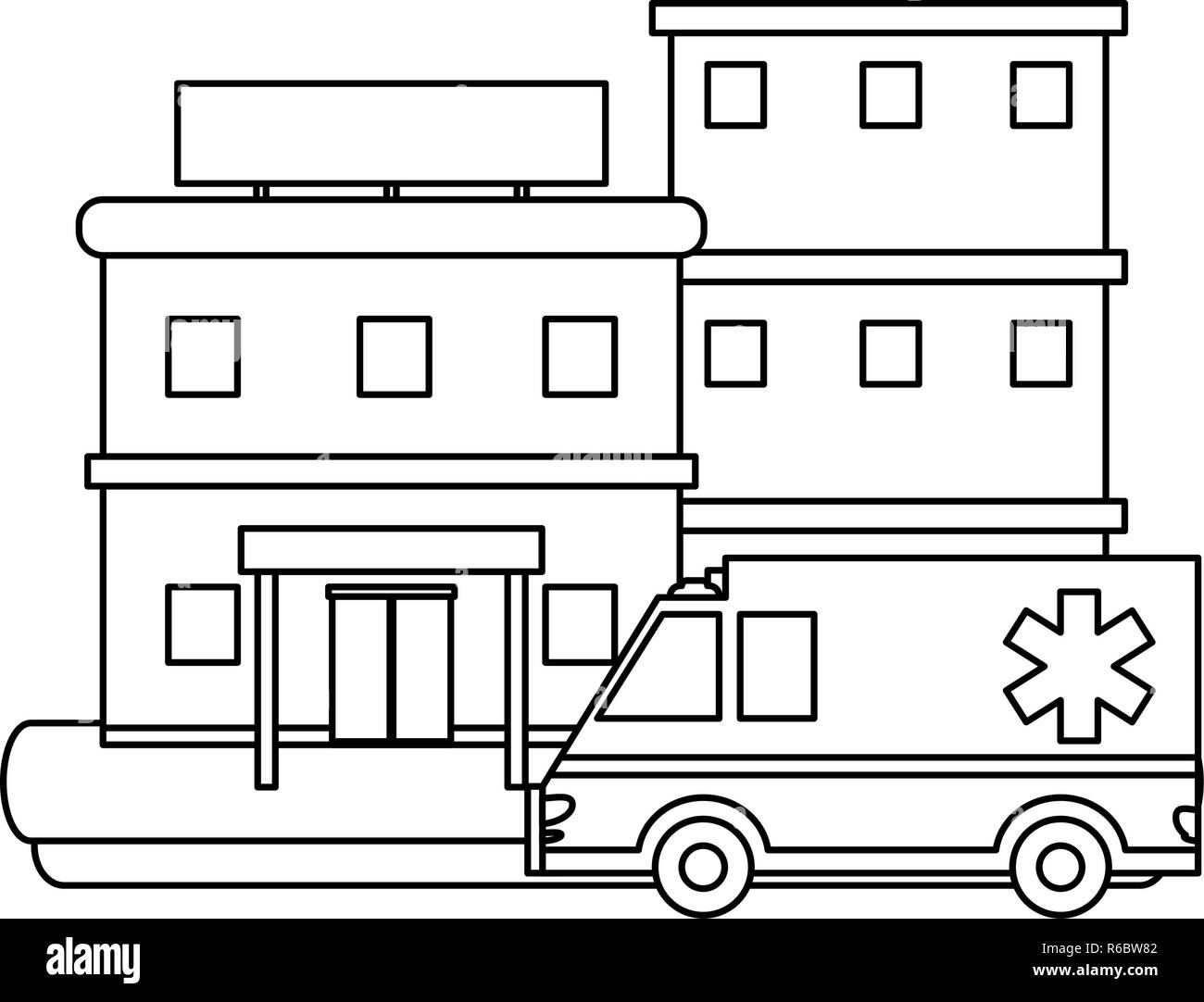 Krankenhaus Gebäude Landschaft in Schwarz und Weiß Stock Vektor