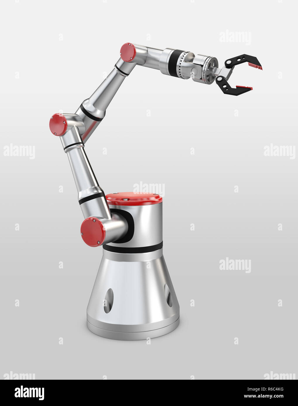 3D-Rendering white Roboterarm auf weißem Hintergrund Stockfoto