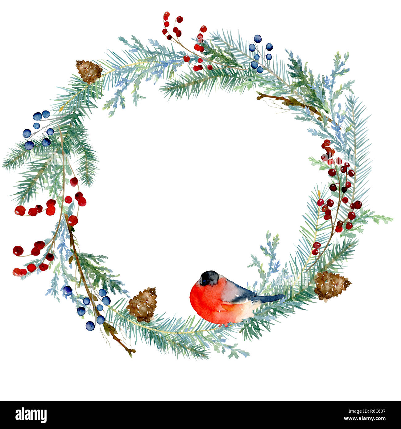 Aquarell winter Malerei vintage runden Rahmen mit Zweigen von Juniper, Weihnachtsbäume, Tannenzapfen und Beeren. Traditionelle Weihnachten Dekoration Stockfoto