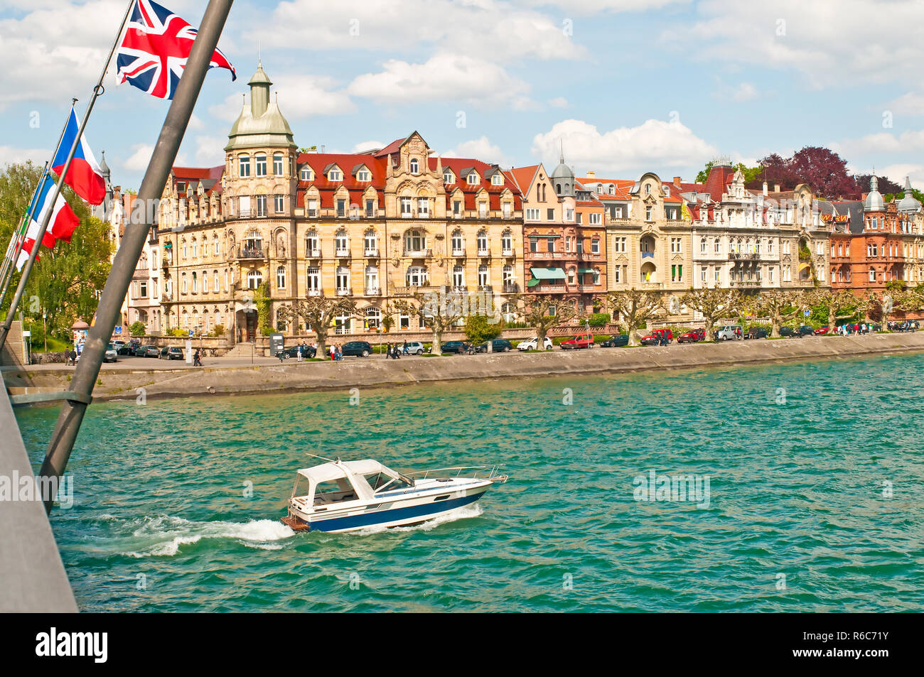 Bodensee, Deutschland, Boot und Blick auf Konstanz Stockfoto