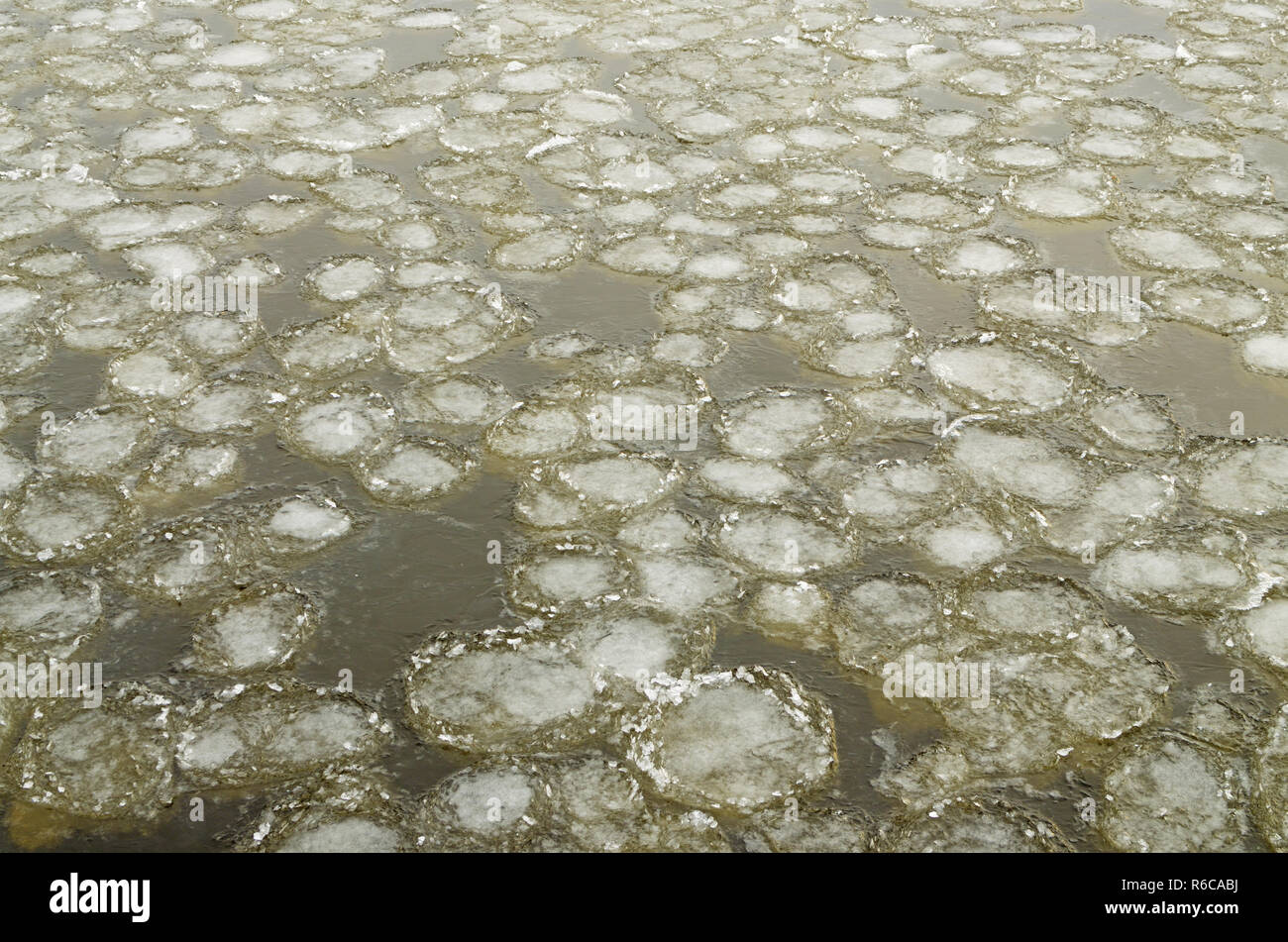Gemusterte Eis des Flusses. Diese sind gefrorene Wasserkristalle. Stockfoto
