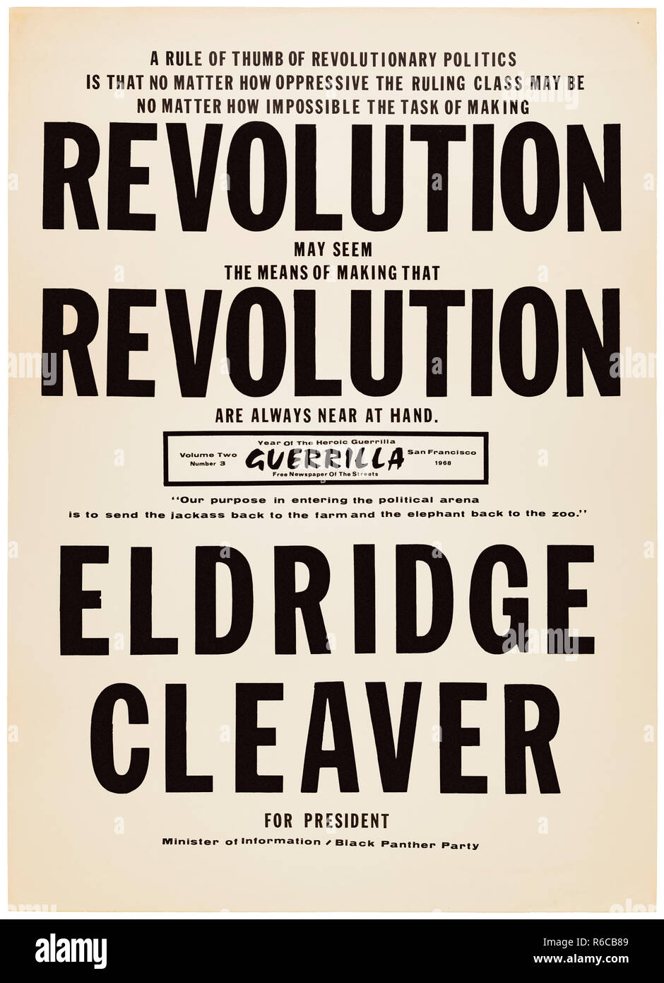 'Revolution Revolution Eldridge Cleaver für Präsident "1968 Presidential campaign Plakat als Kandidat für die Black Panther Party. Weitere Informationen finden Sie unten. Stockfoto