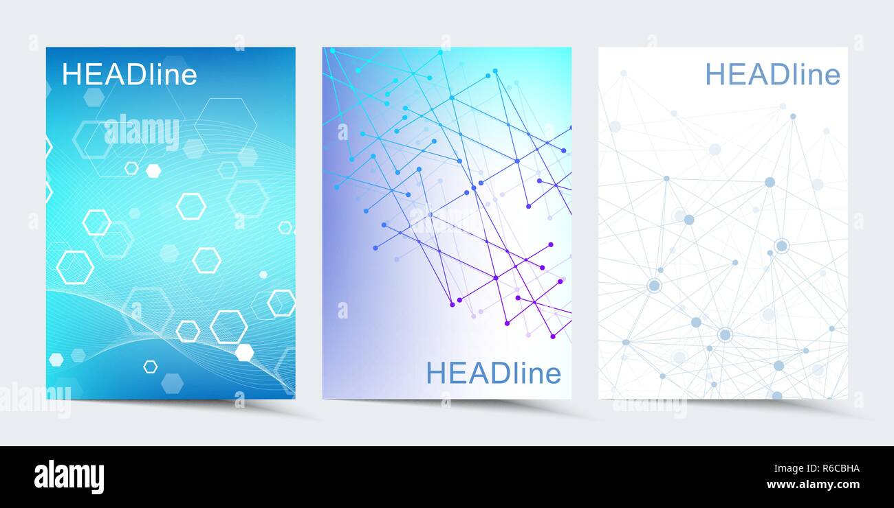 Moderne vektor Vorlagen für Broschüre, Abdeckung, Banner, Flyer, Jahresbericht, Faltblatt. Abstrakte Kunst Komposition mit Linien und Punkten. Die digitale Technologie, Wissenschaft oder medizinisches Konzept. Stock Vektor