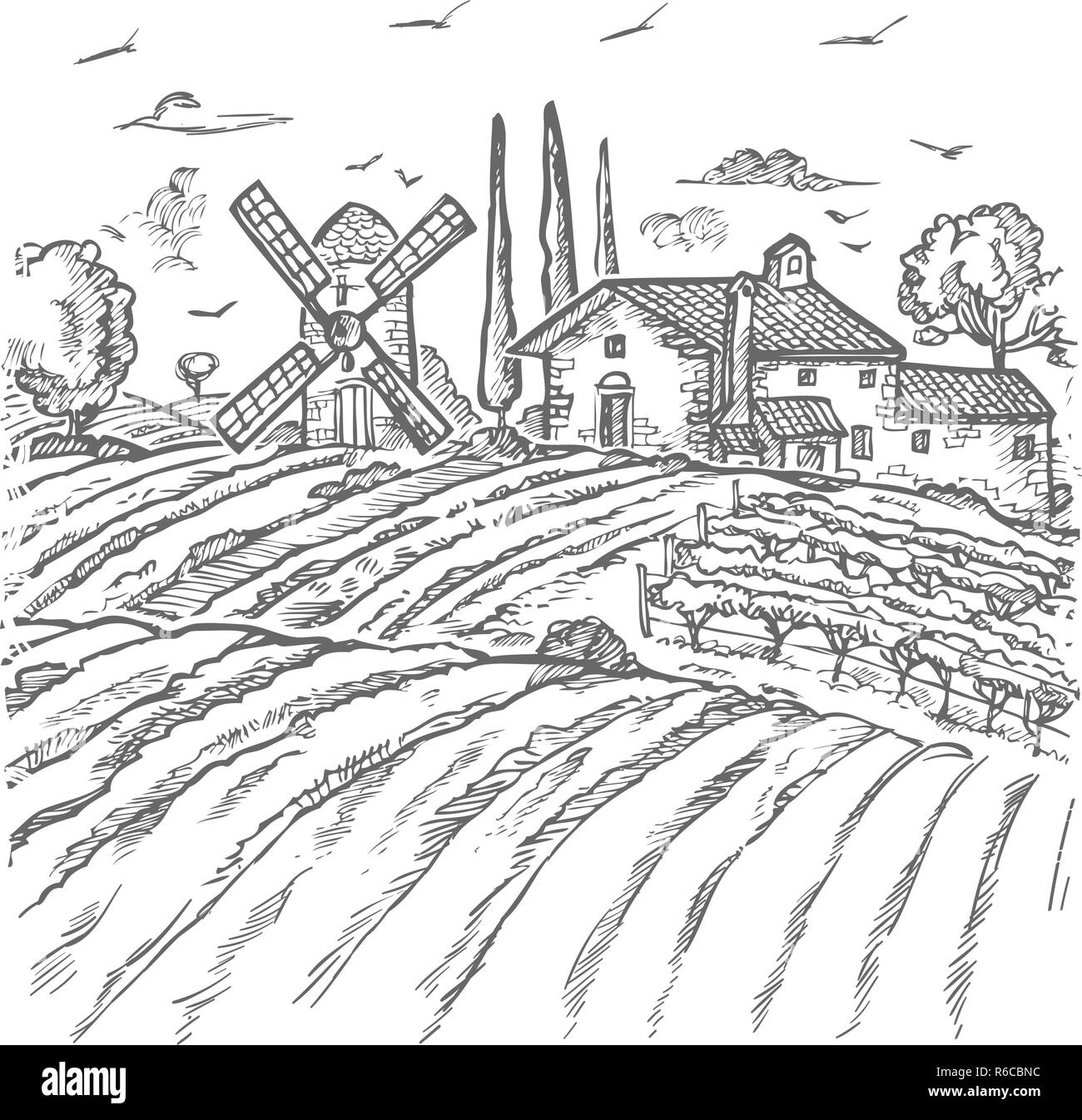 Vektor Farm graviert Stil zeichnen, graue Linien auf weissem Stock Vektor