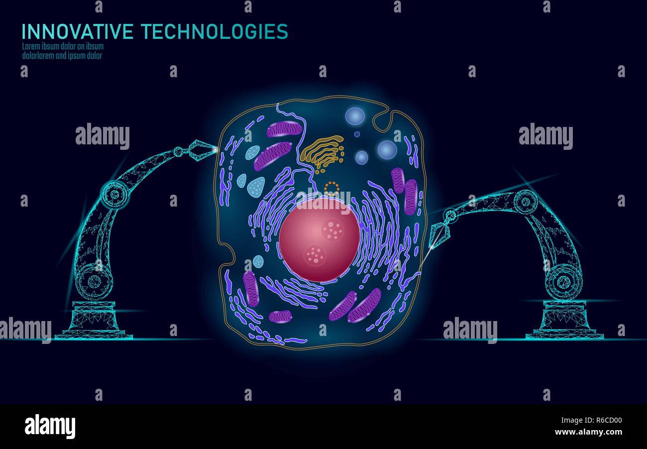 Künstliche Zelle synthesys Gentherapie DNA 3D-Chemie. Tierischen Zelle Biochemie Maschinenbau Forschung Konzept. Biorobot Roboterarm industrie Vektor-illustration Future Business Technologie Stock Vektor