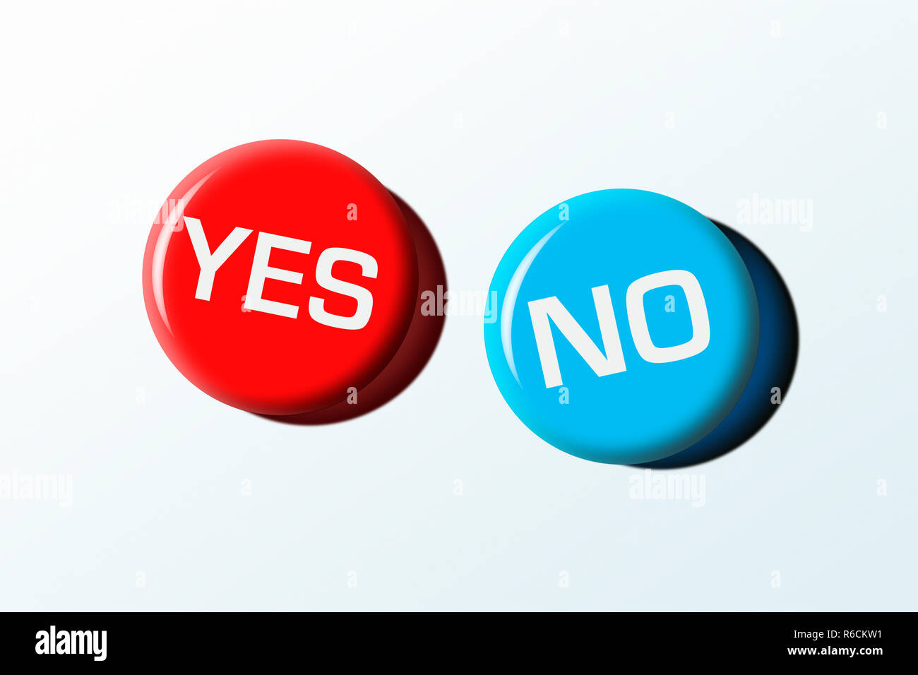 Zwei Abzeichen mit 'Ja' und 'Nein' vor einem weißen Hintergrund Stockfoto