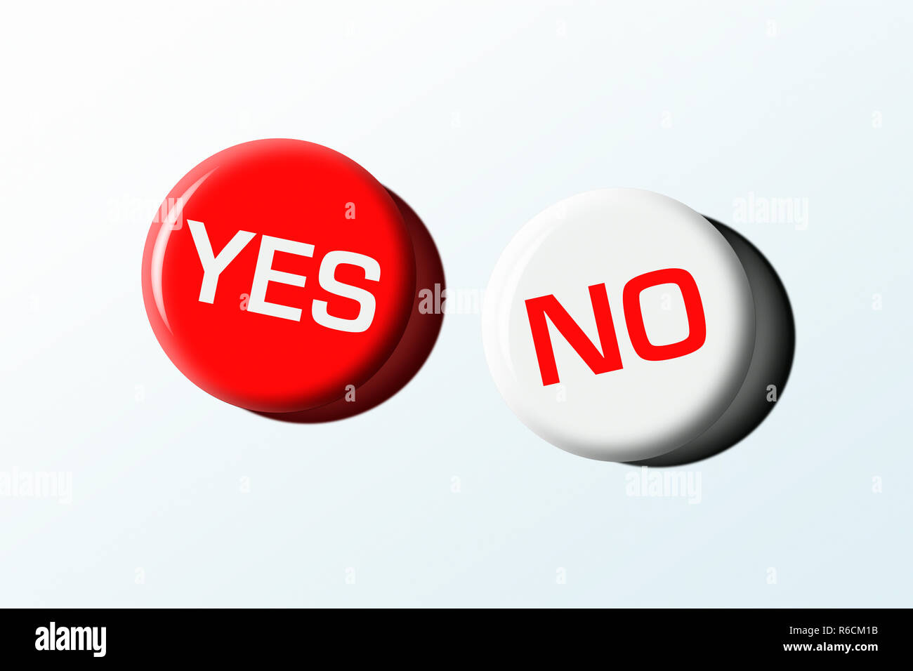 Zwei Abzeichen mit 'Ja' und 'Nein' vor einem weißen Hintergrund Stockfoto