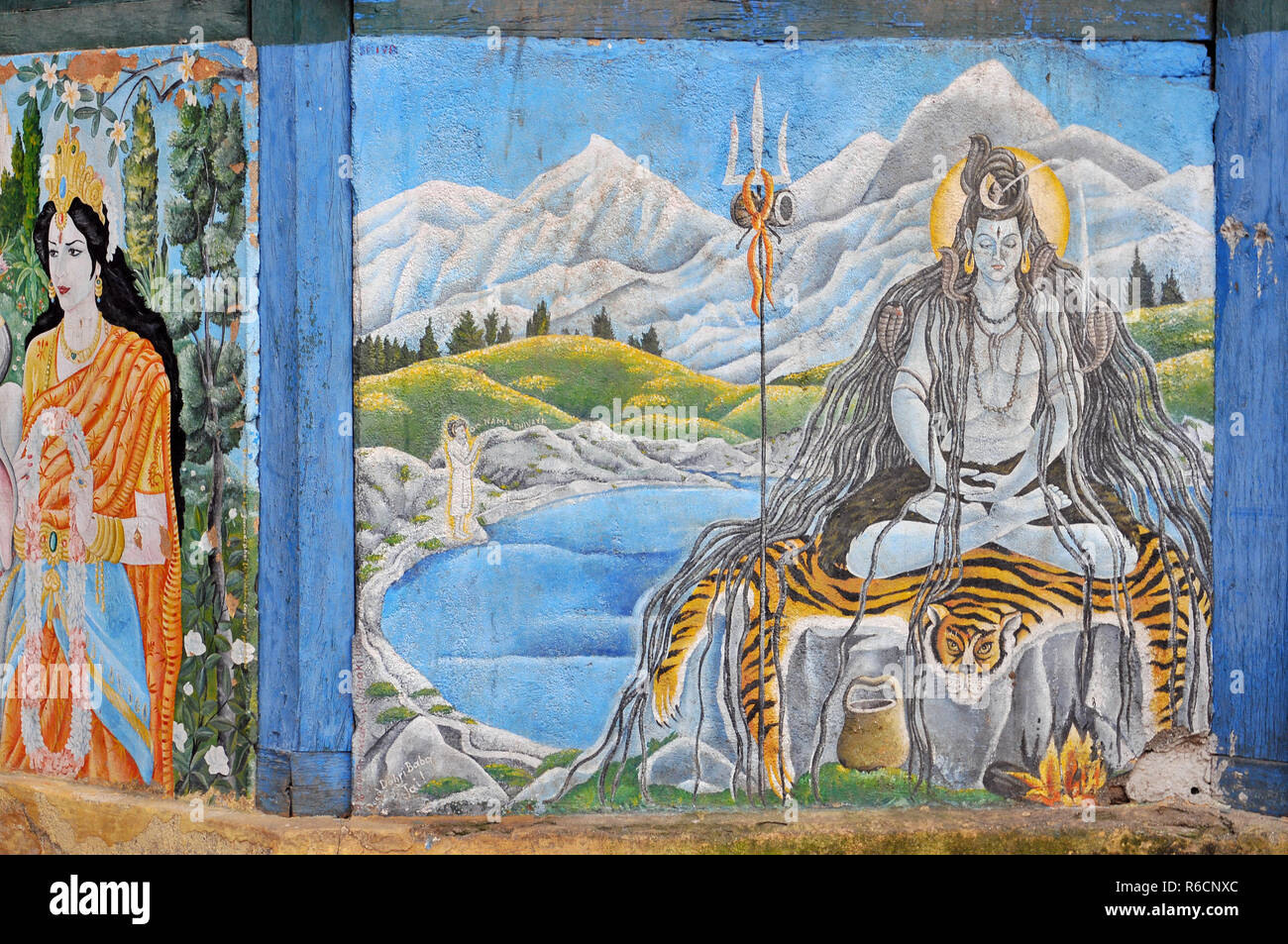 Nepal Kathmandu Ein Gemalde Des Hinduistischen Gottes Shiva Meditierend Im Himalaya Den Wanden Von Einem Tempel In Kathmandu Pashupatinath Stockfotografie Alamy