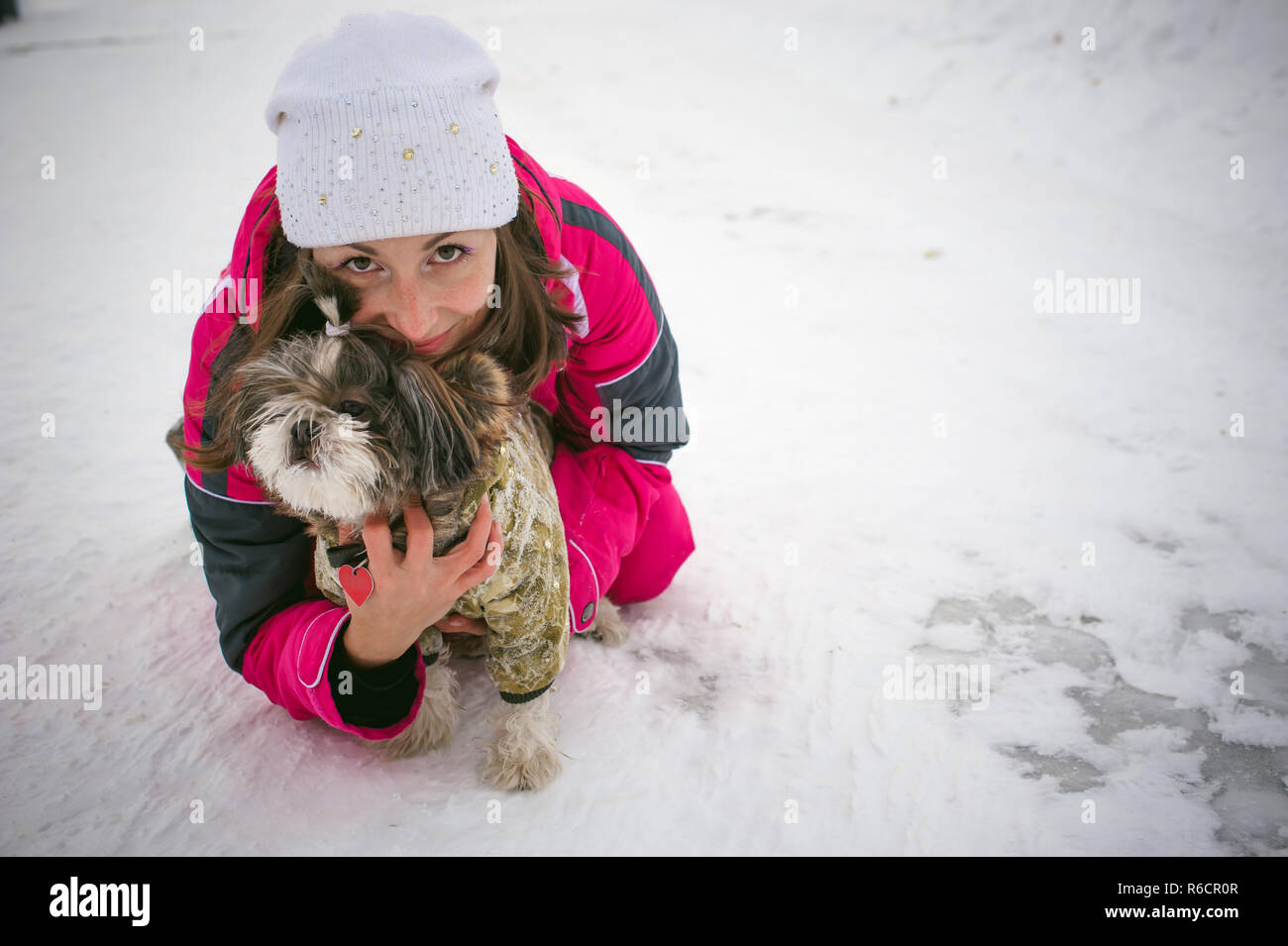 Spaziergang im Winter im Freien mit Hund Rasse Shih Tzu. Eine Frau in leuchtend roten warme Skibekleidung Wandern im Schnee mit Ihrem Haustier, kleine Shih Tzu in Overalls gekleidet. Pflege für Tiere liebt das Spiel mit dem Hund Stockfoto