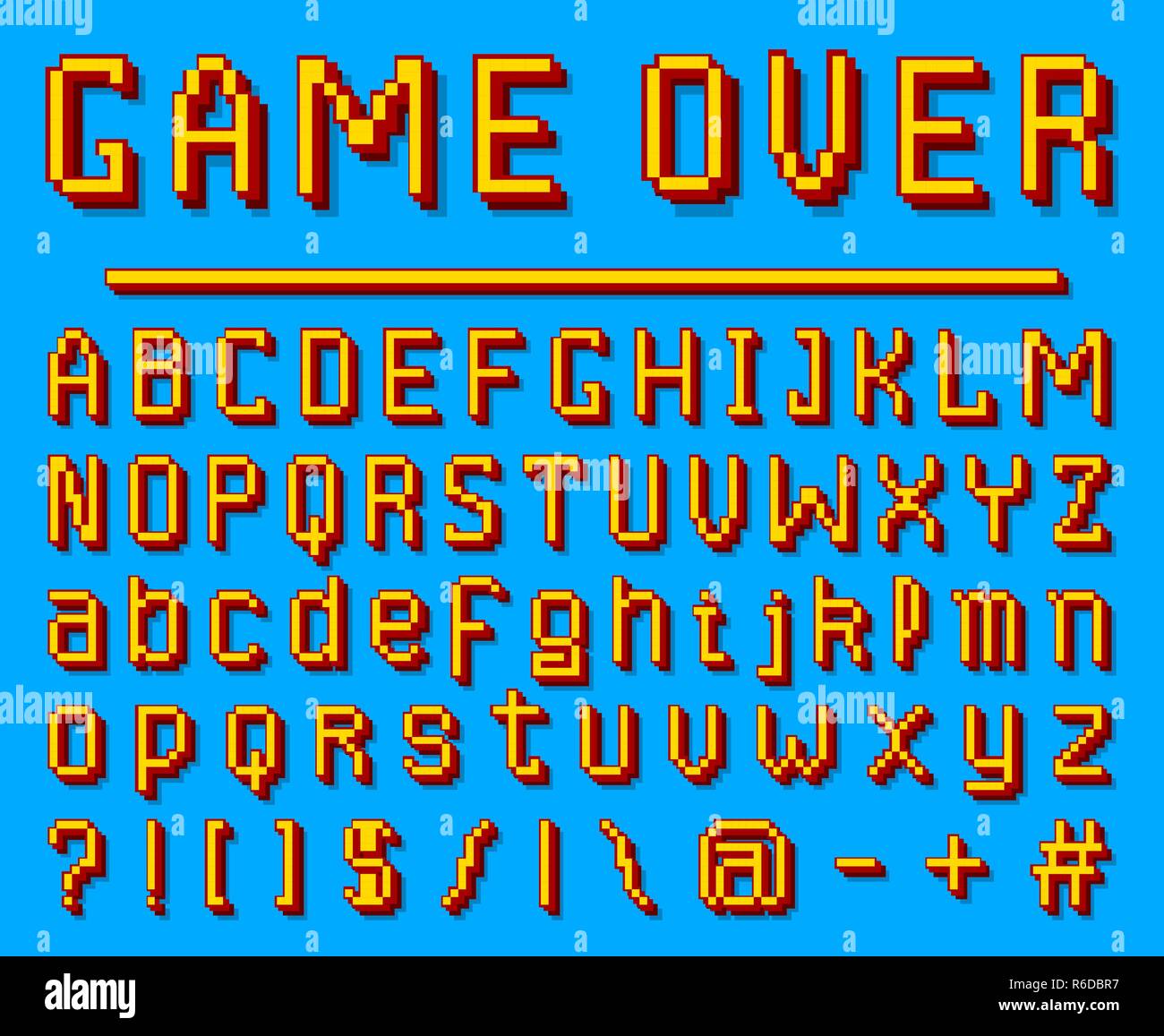 Pixel Font. 8-bit-Symbole. Digital Video Spiel Stil. Buchstaben und Zahlen  auf blauem Hintergrund. Vintage Retro Schrift abc. Fehler Computer Video.  Futuristisches Design. Vektor Alphabet Stock-Vektorgrafik - Alamy