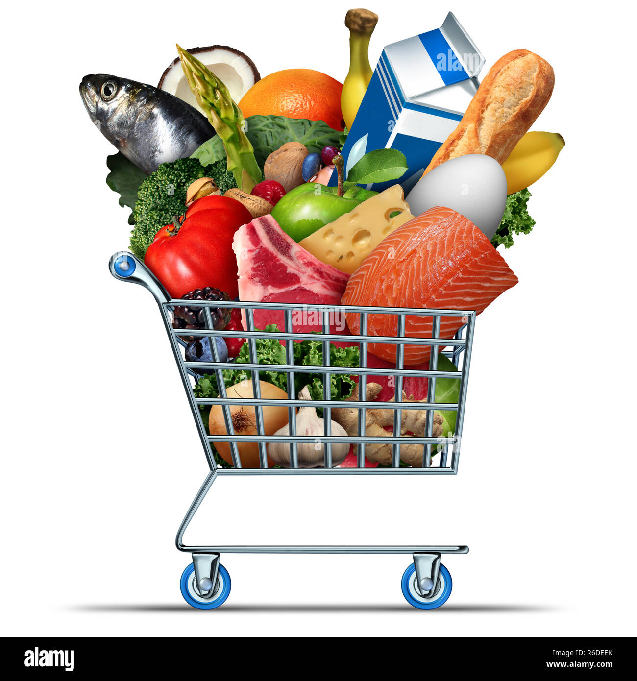 Lebensmittel und Lebensmittel Symbol als Supermarkt Warenkorb mit Milch, Eier, Käse, Fleisch, Brot, Fisch, Gemüse und Obst. Stockfoto