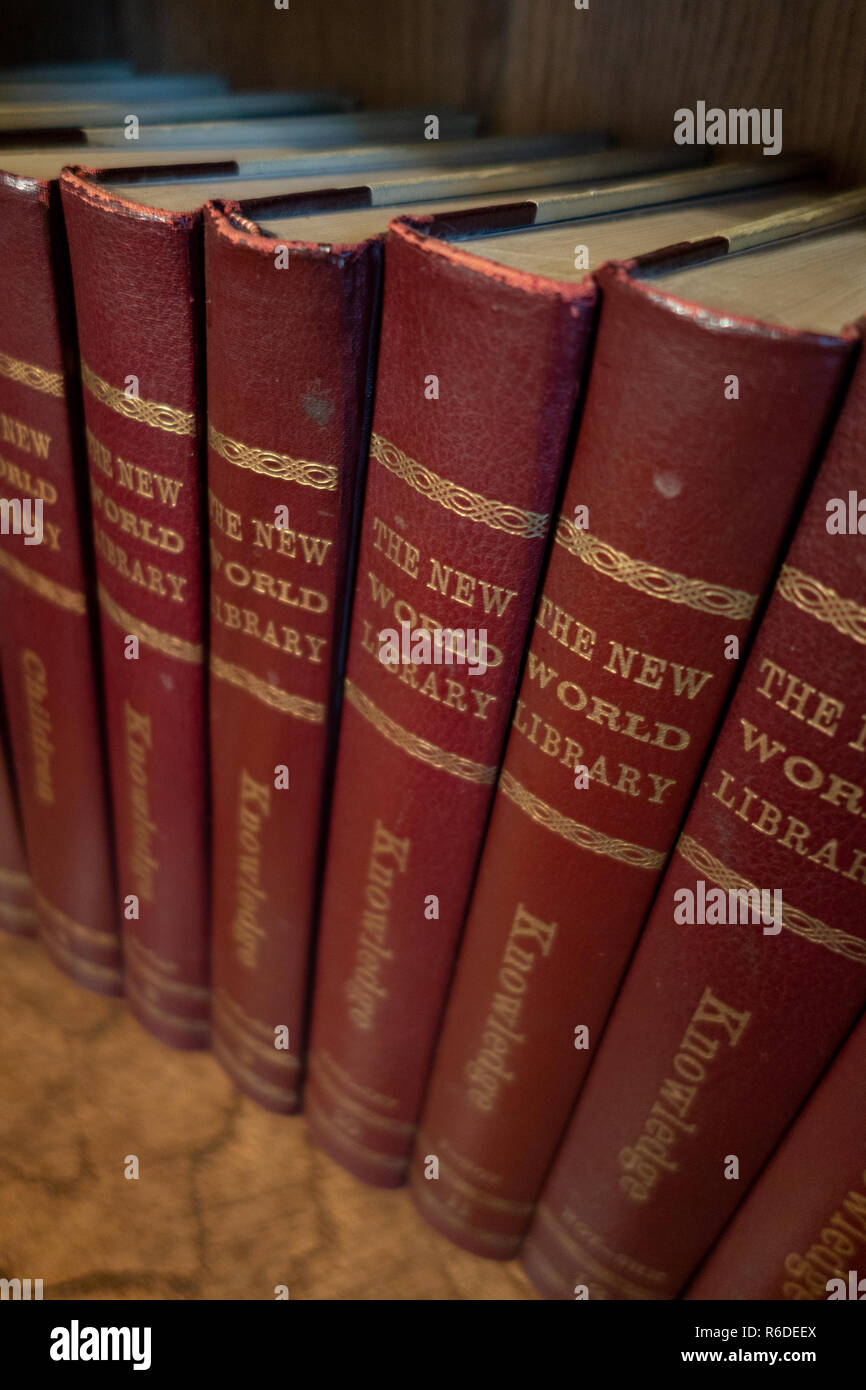 Neue Welt Bibliothek Bücher illustrierte Enzyklopädie auf einem Regal in einem englischen Haus Stockfoto