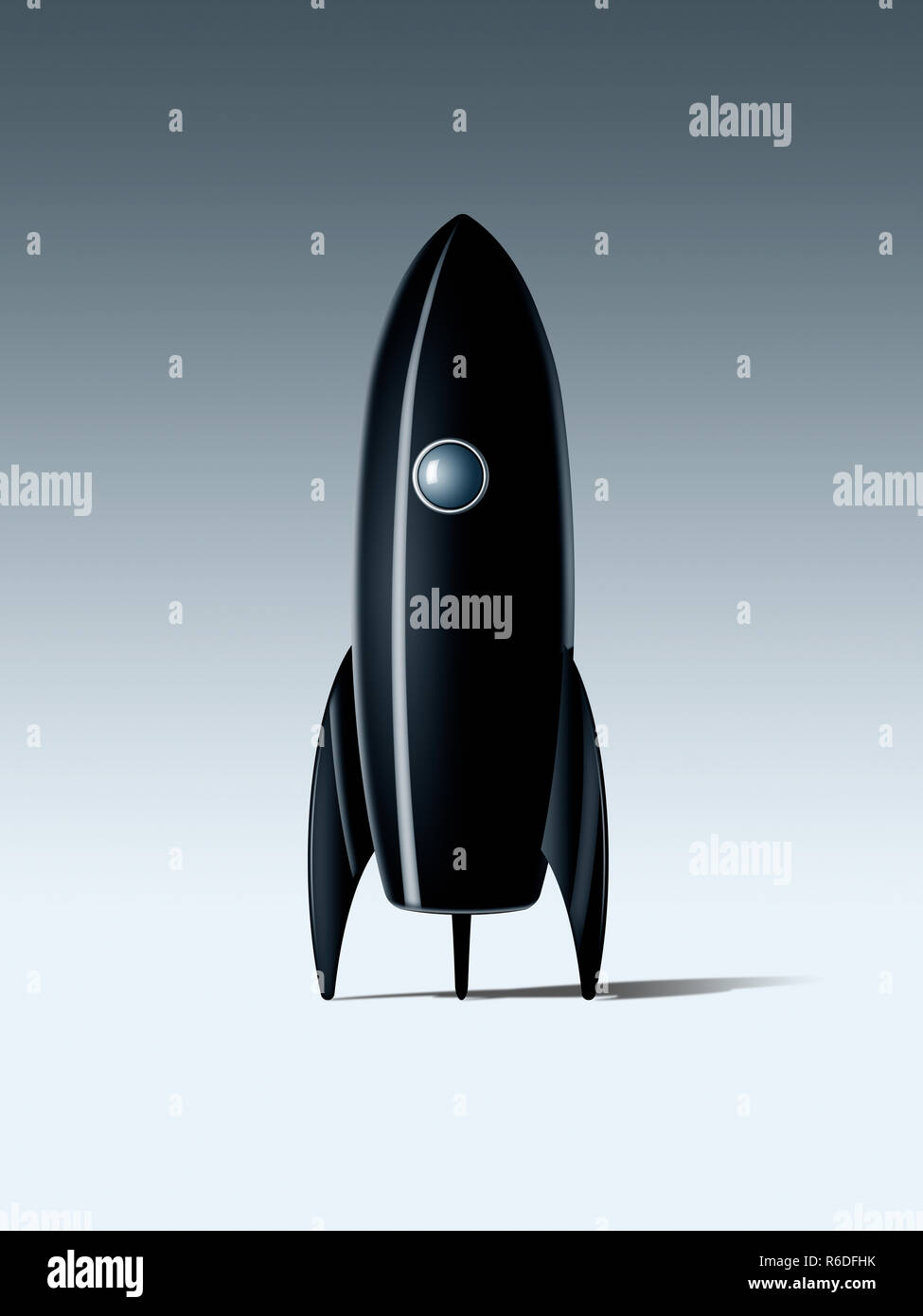 Schwarz Comicstil toy Rocket vor weißem Hintergrund Stockfoto