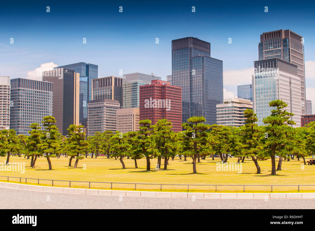 Tokyo City Gebäude Skyline Marunouchi Bereich mit der Imperial Palace East Garden Stockfoto