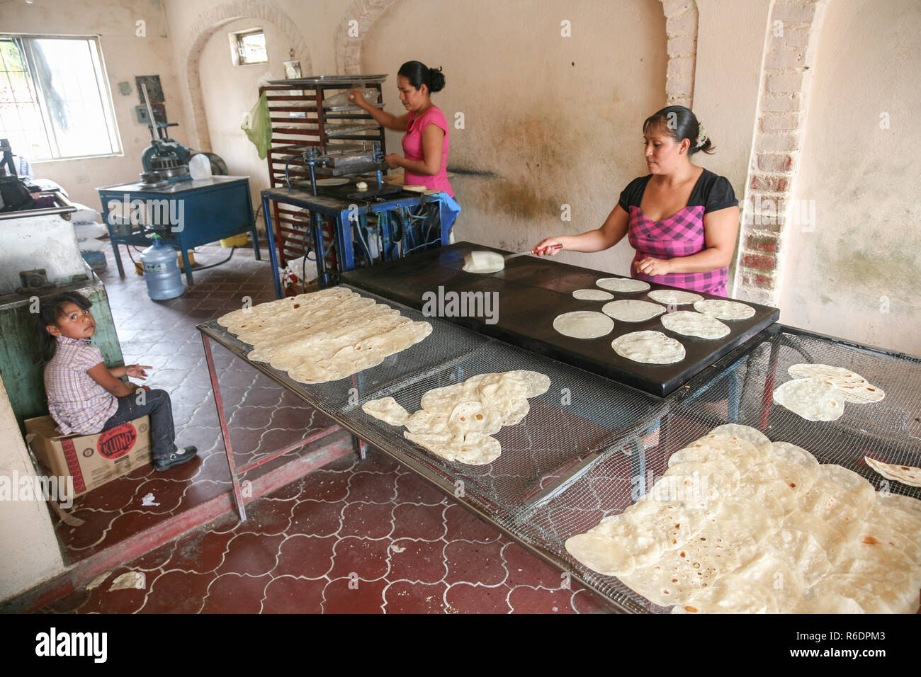 SAN JOSE DEL CABO, MEXIKO - MÄRZ 16, 2012: Lokale Frauen machen Home Tortillas in einer kleinen Bäckerei in San Jose del Cabo, Mexiko Stockfoto
