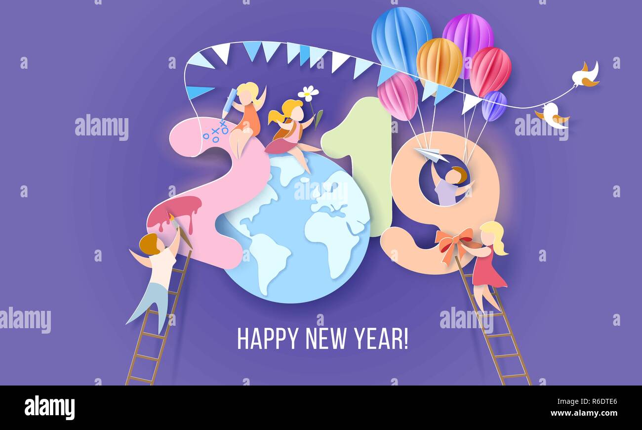 2019 Neues Jahr design Karte mit Kindern auf lila Winter Hintergrund. Vector Illustration. Papier geschnitten und Handwerk Stil. Stock Vektor