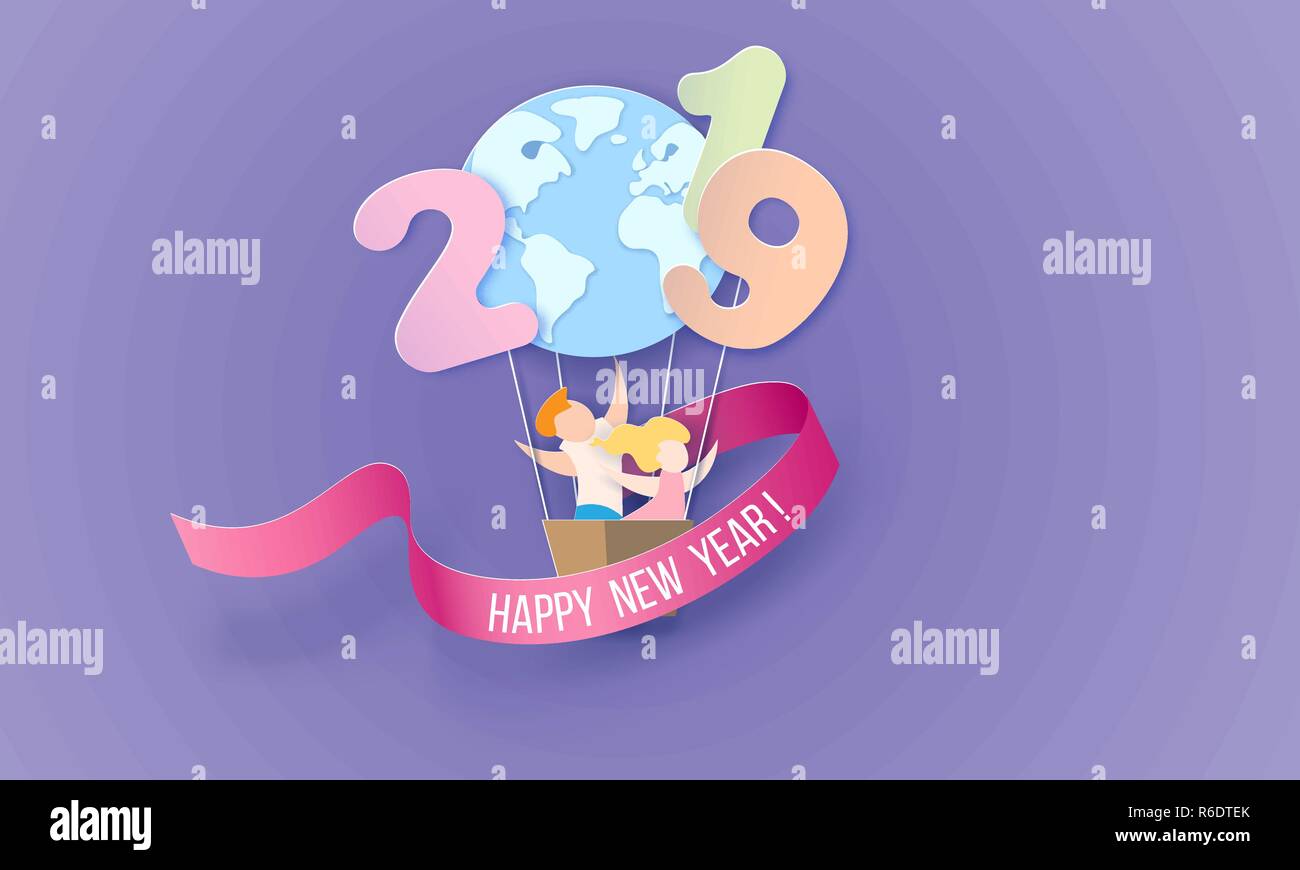 2019 Neues Jahr design Karte mit Kindern mit Ballons auf und blauer Himmel. Vektor Papier art Illustration. Papier geschnitten und Handwerk Stil. Stock Vektor