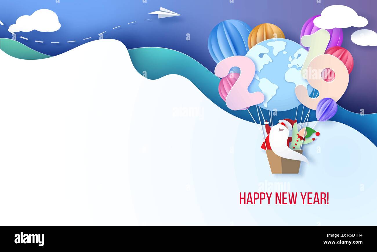 2019 Neues Jahr design Karte mit Santa Claus und elf auf luftballone auf und blauer Himmel. Vektor Papier art Illustration. Papier geschnitten und Handwerk Stil. Stock Vektor