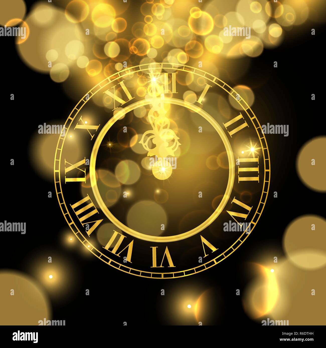 Frohes Neues Jahr Luxus golden Illustration, Ziffernblatt-markierung Mitternacht Zeit auf schwarzem Hintergrund. Stock Vektor