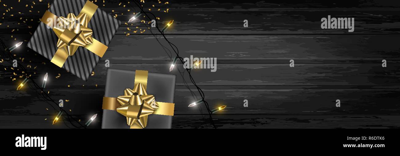 Weihnachten Web Banner Hintergrund, realistisch Geschenkbox Elemente und Weihnachtsbeleuchtung auf schwarzem Holz. Luxus Kopie Raum Abbildung für die Ferienzeit. Stock Vektor