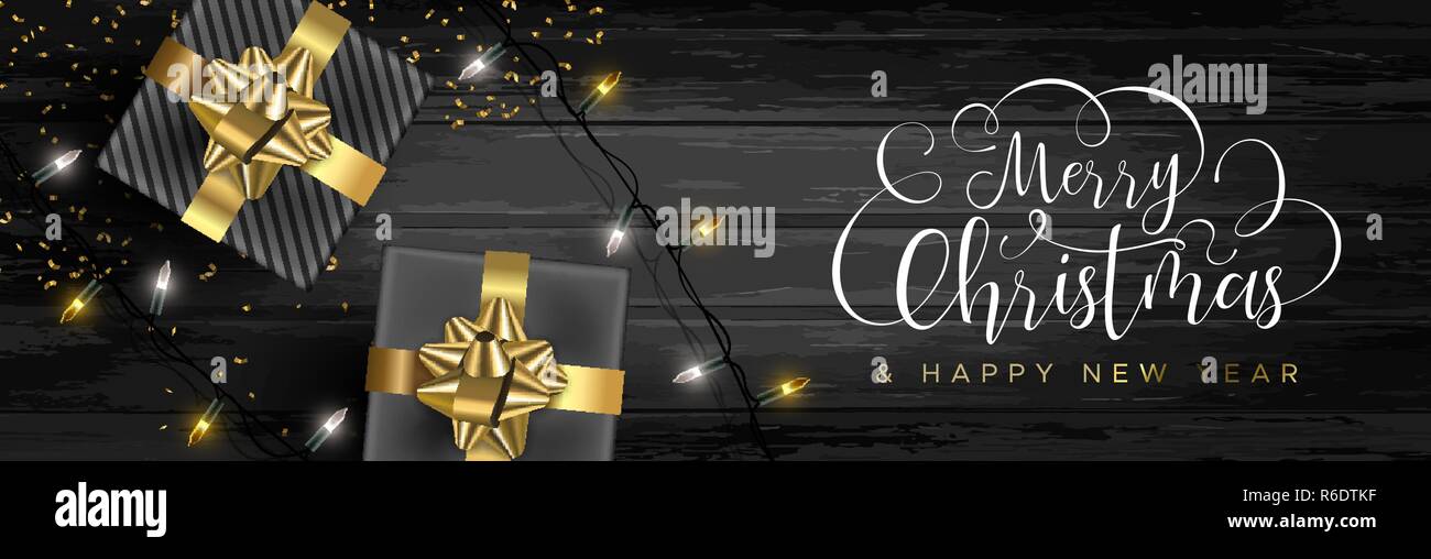Frohe Weihnachten Web Banner, realistisch Geschenkbox Elemente und Weihnachtsbeleuchtung auf schwarz Holz Hintergrund. Luxus layout Illustration für Feiertage. Stock Vektor